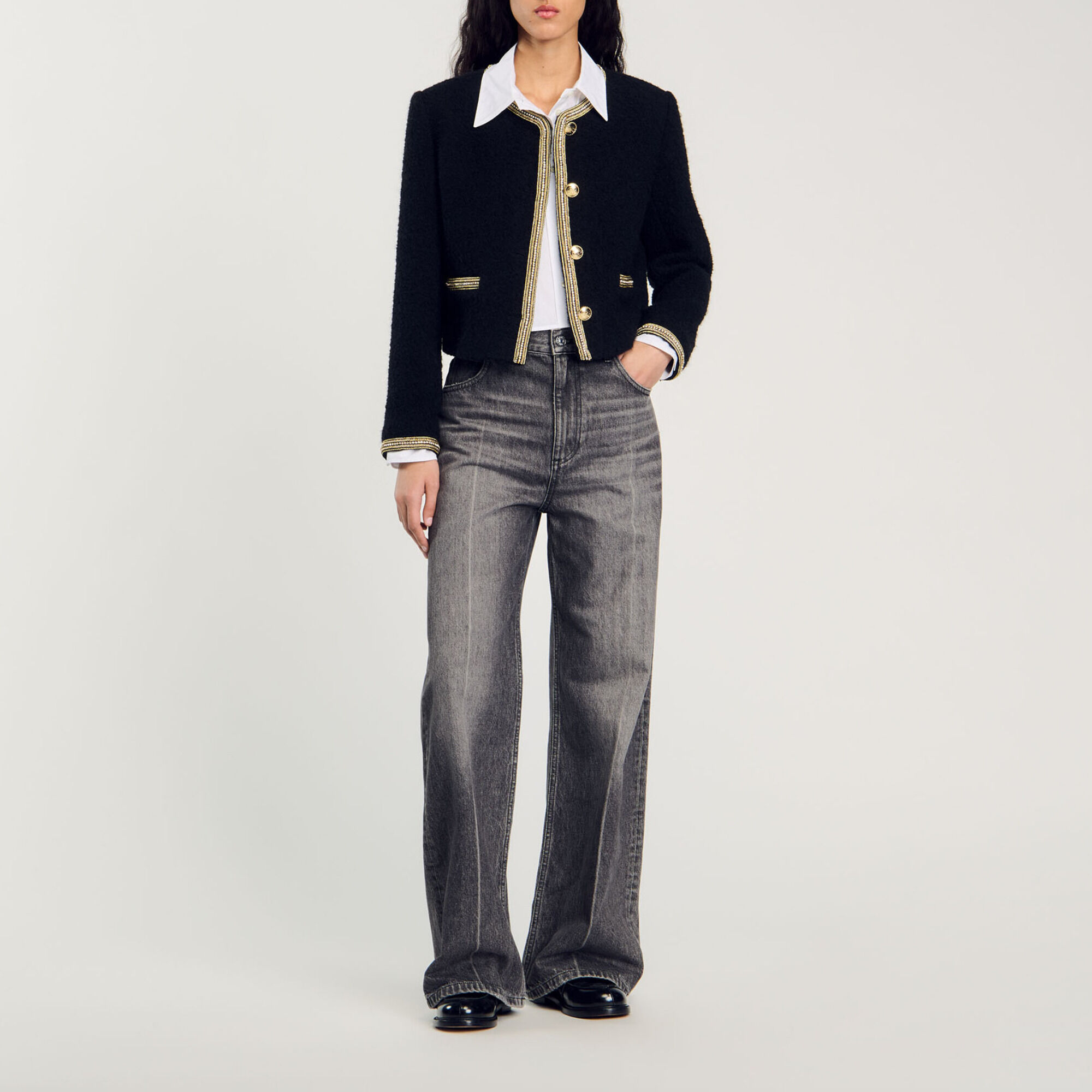 Cropped tweed jacket black / gray For Women | Sandro Paris