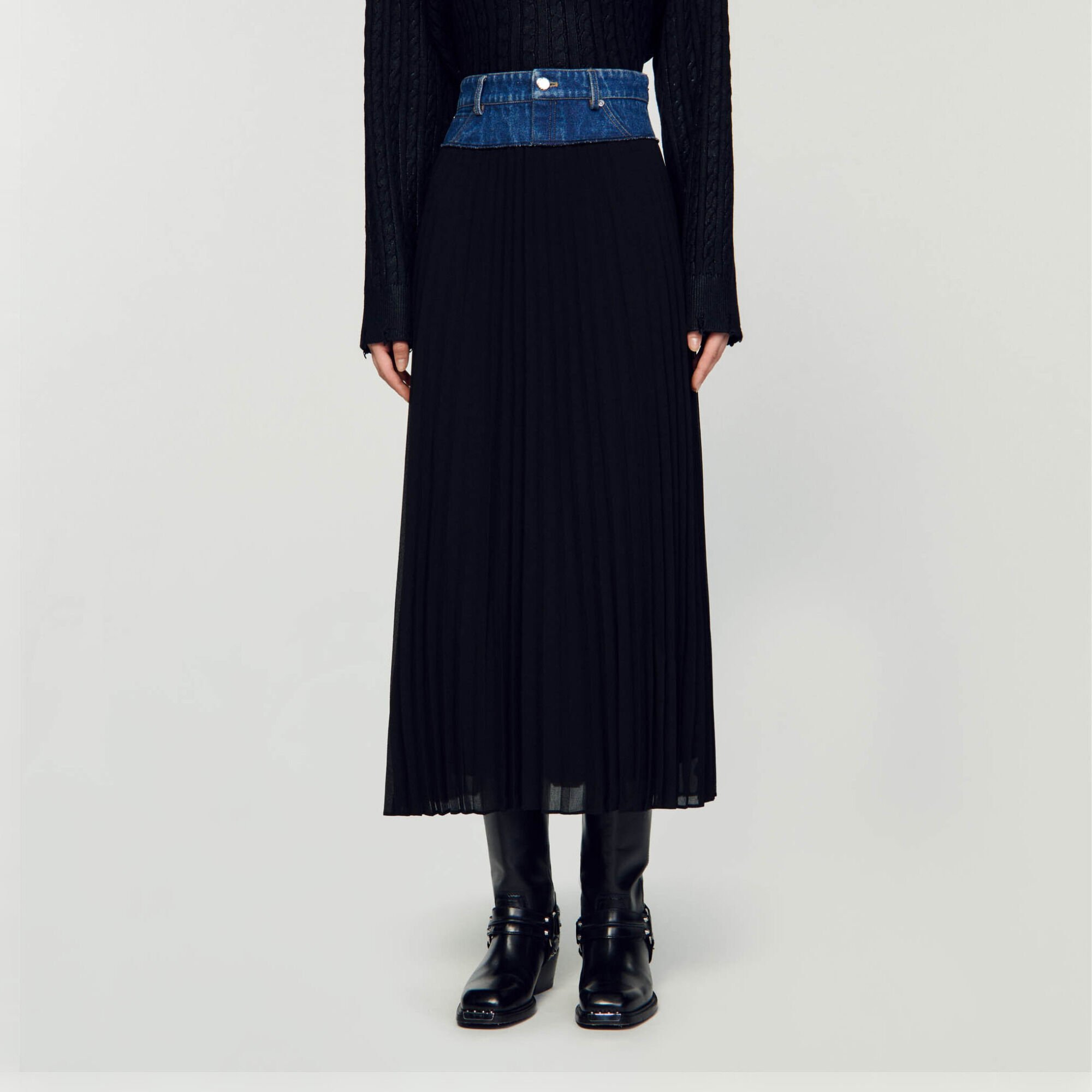 Long pleated denim skirt