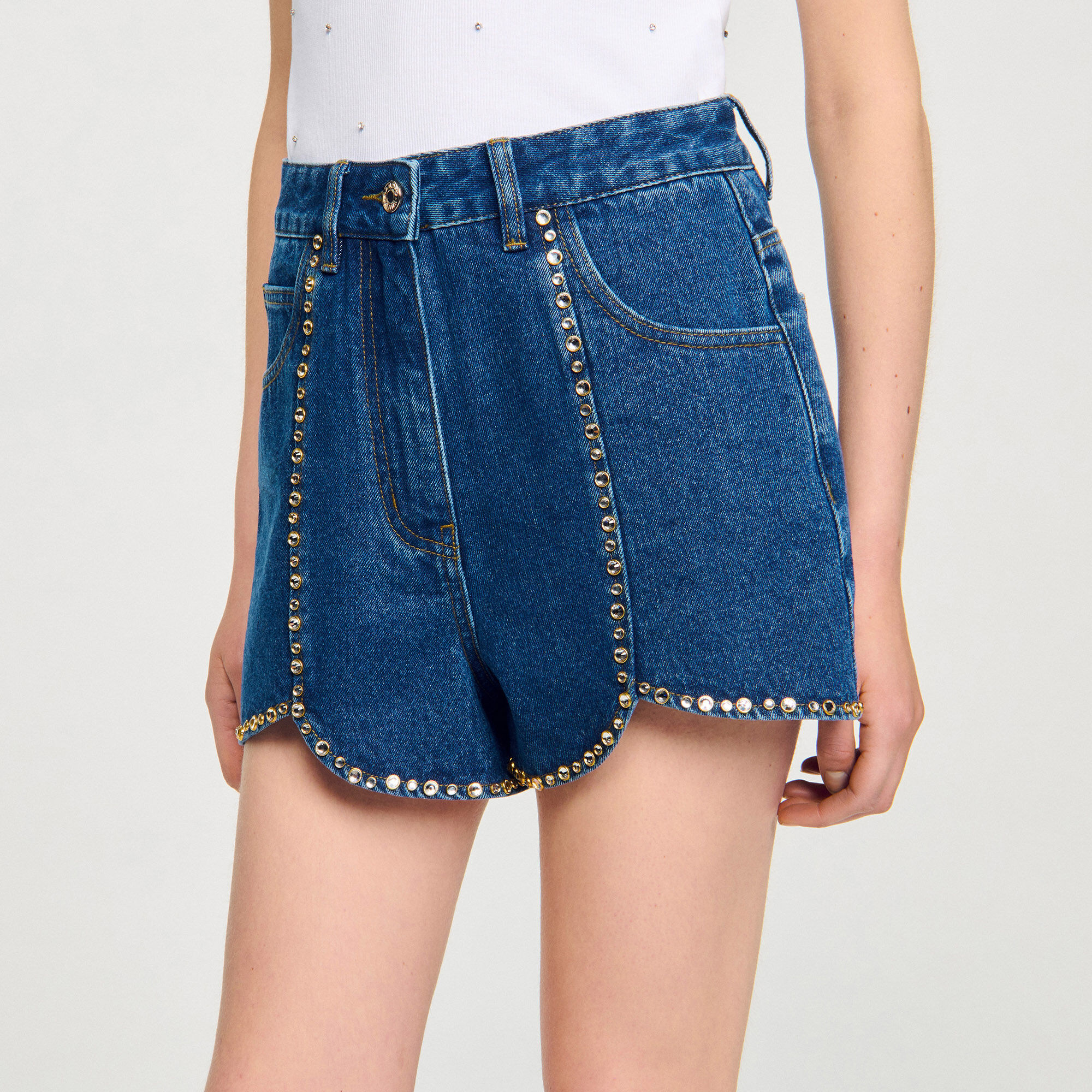 Rhinestone denim shorts blue For Women | Sandro Paris