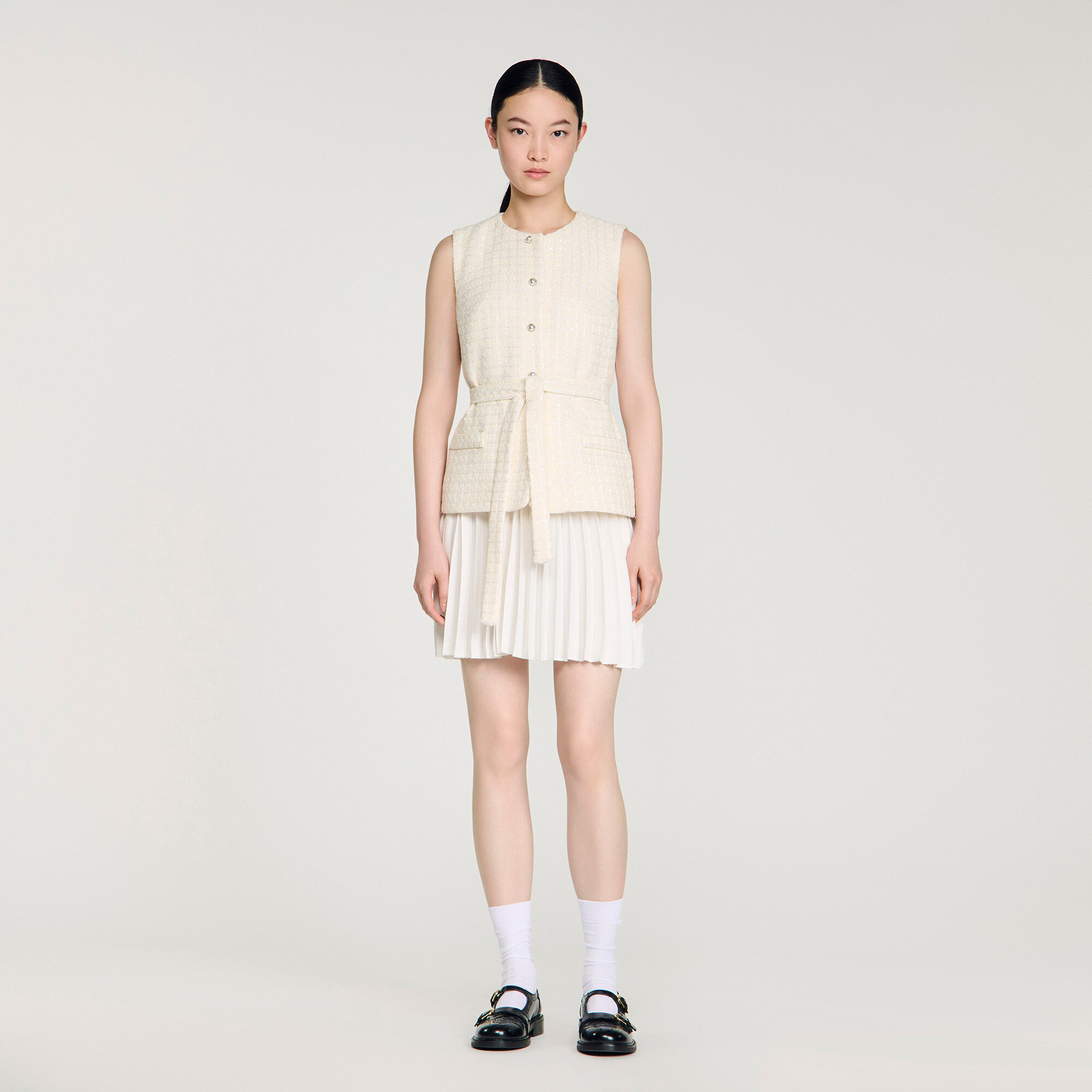 Two-material mini dress in Ecru for Women | Sandro Paris
