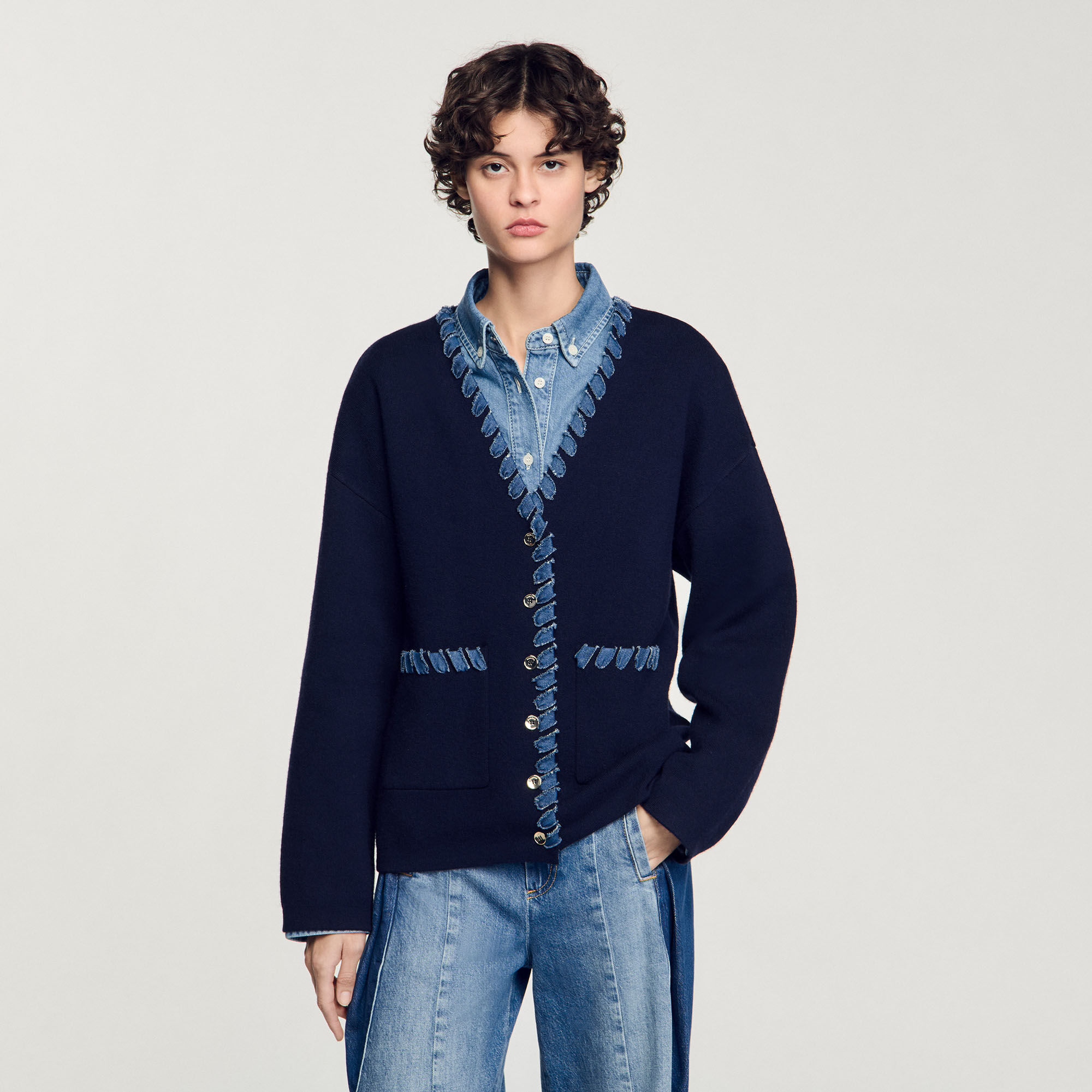 Cardigan with denim details blue For Women | Sandro Paris