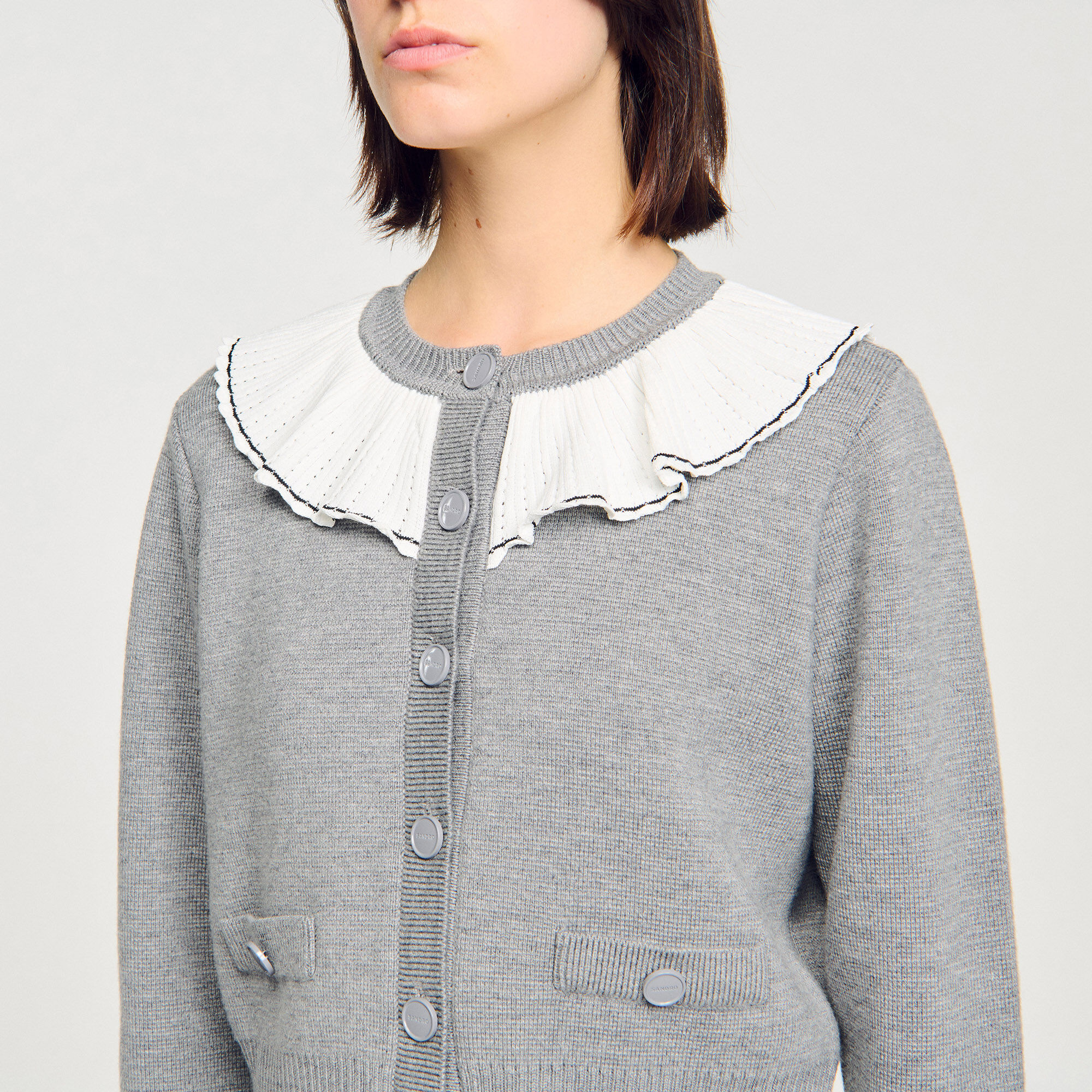 Cardigan with contrast collar black / gray For Women | Sandro Paris