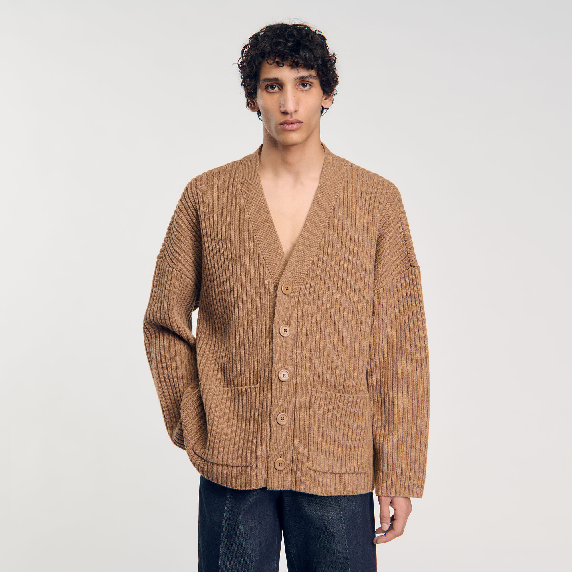 Oversized rib knit cardigan white / beige for Men | Sandro Paris Oversized rib knit cardigan white / beige for Men | Sandro Paris