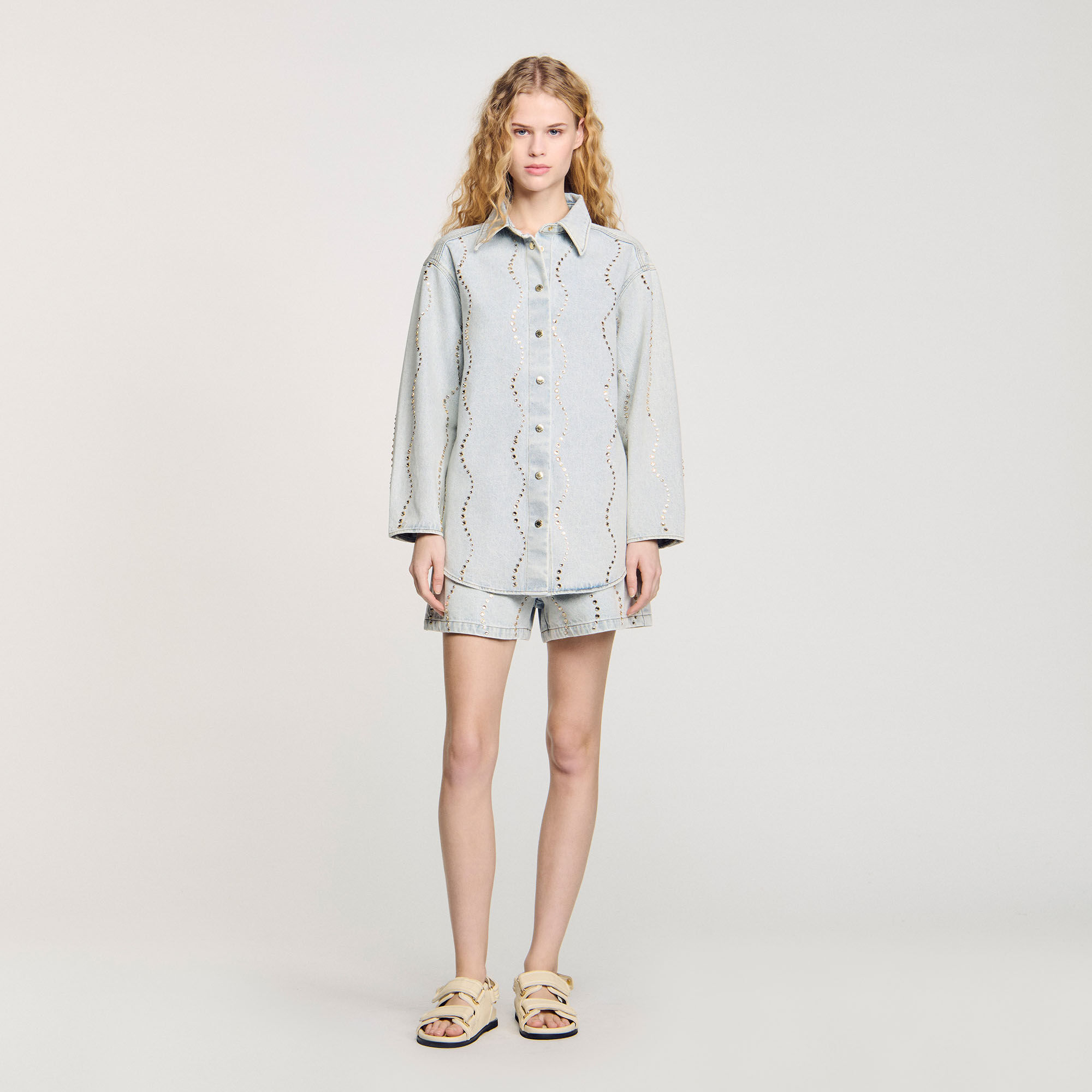 Jean-Carlo ARMY柄グリップ 10本セット スタンダード Striped rhinestone shirt white / beige For Women | Sandro Paris