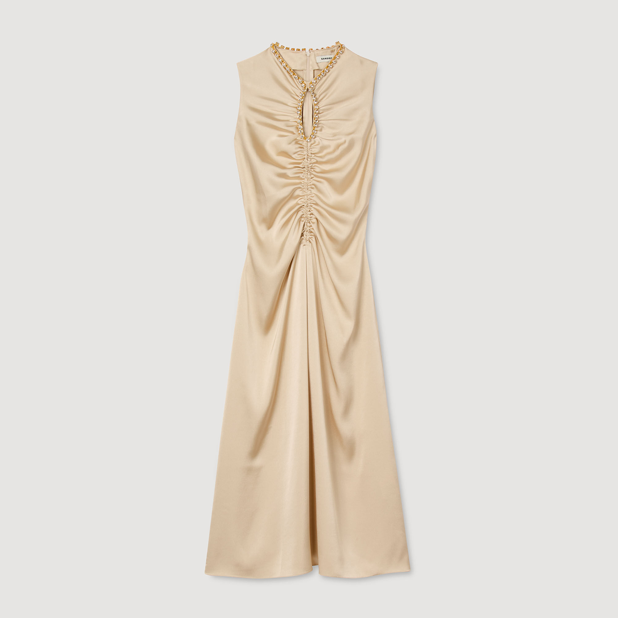 フランス発 Sandro 上品 サテン ラインストーン ミディドレス Rhinestone midi dress white / beige For Women | Sandro Paris