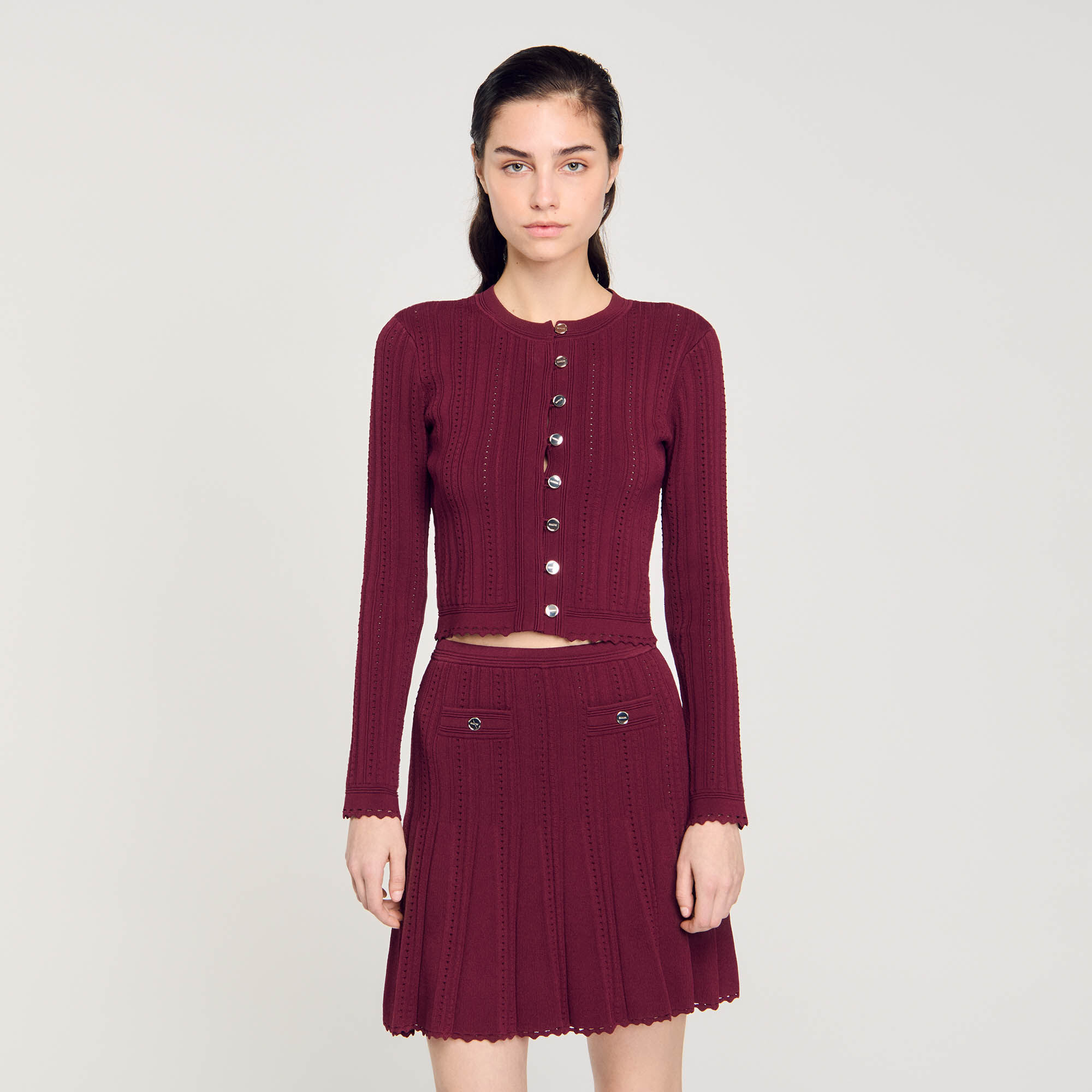 Cable knit cardigan red For Women | Sandro Paris
