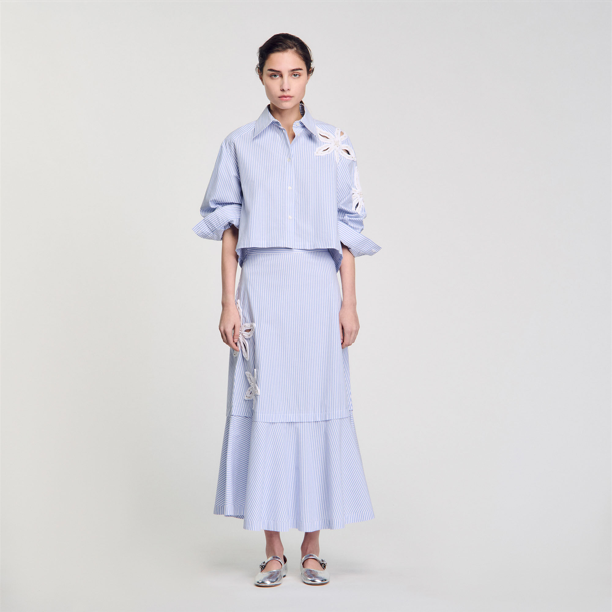 【海外限定】Sandroコットンスカート☆Stripe-Print Pleated Str Long striped skirt blue For Women | Sandro Paris