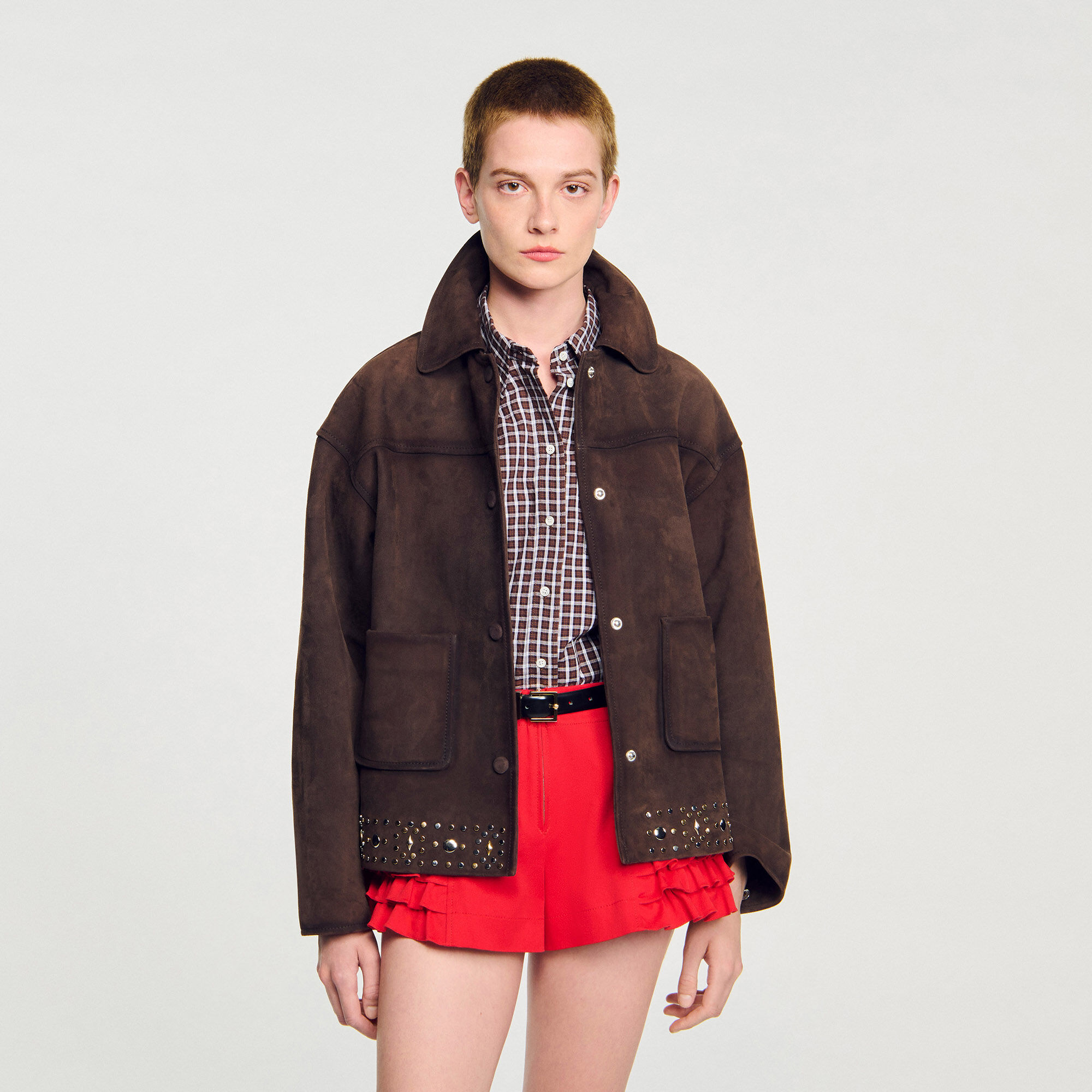 ★パリ発 sandro★ ボタン ウール ショート ジャケット キャメル Jacket with beaded details white / beige For Women | Sandro
