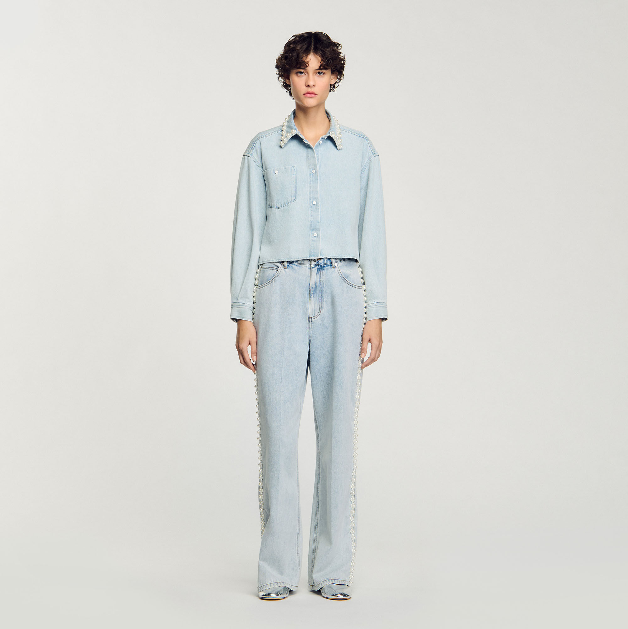 Denim shirt with beaded collar For Women | Sandro Paris Denim shirt with beaded collar For Women | Sandro Paris