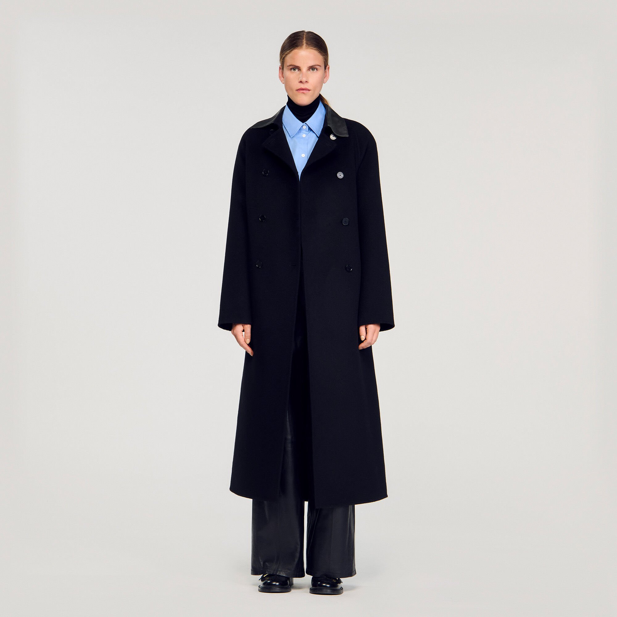 Long wool and leather coat