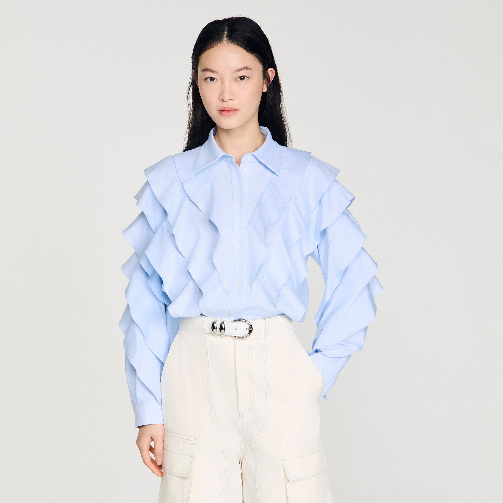 Ruffled cotton shirt in Sky Blue for Women | Sandro Paris