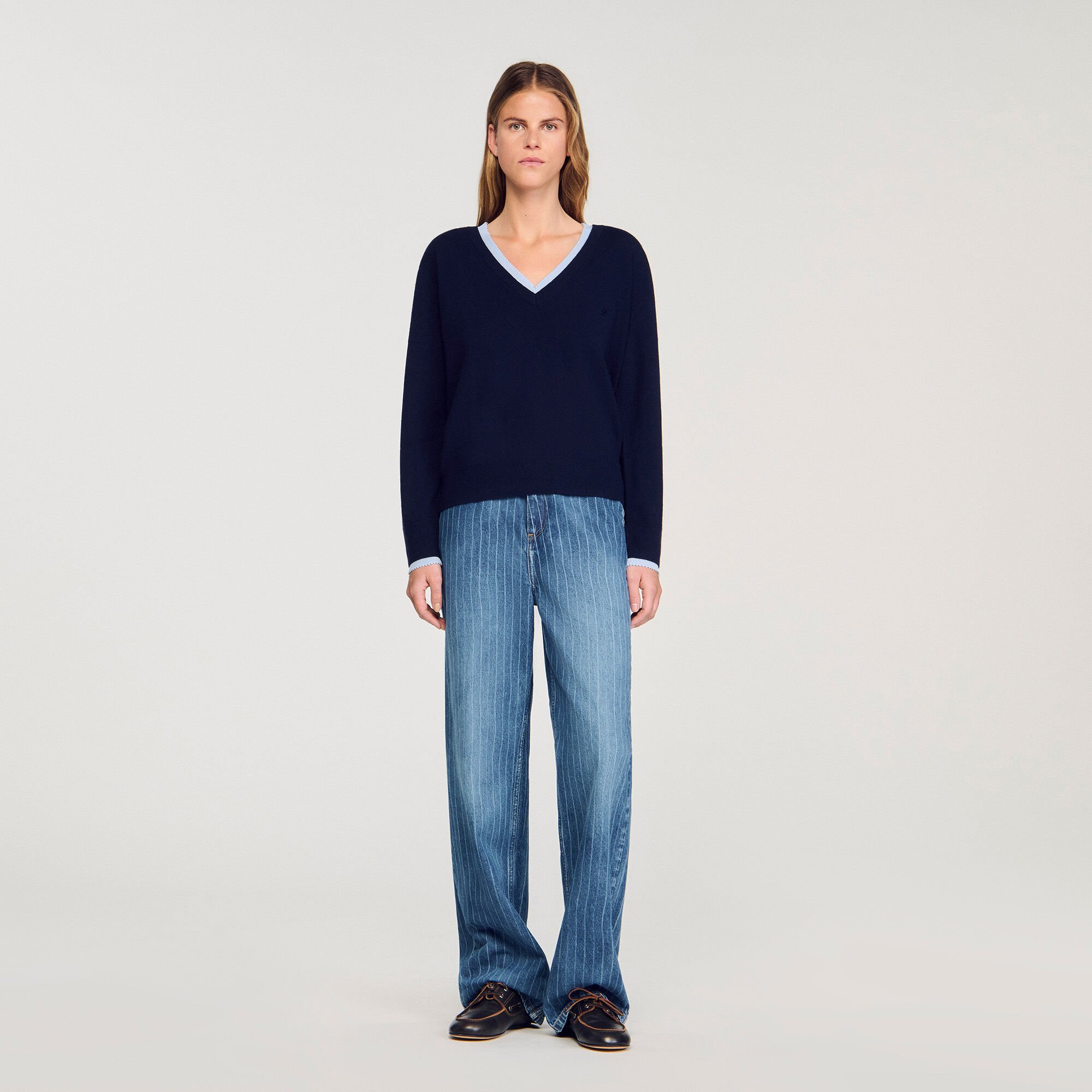 V-neck wool and cashmere sweater blue For Women | Sandro Paris