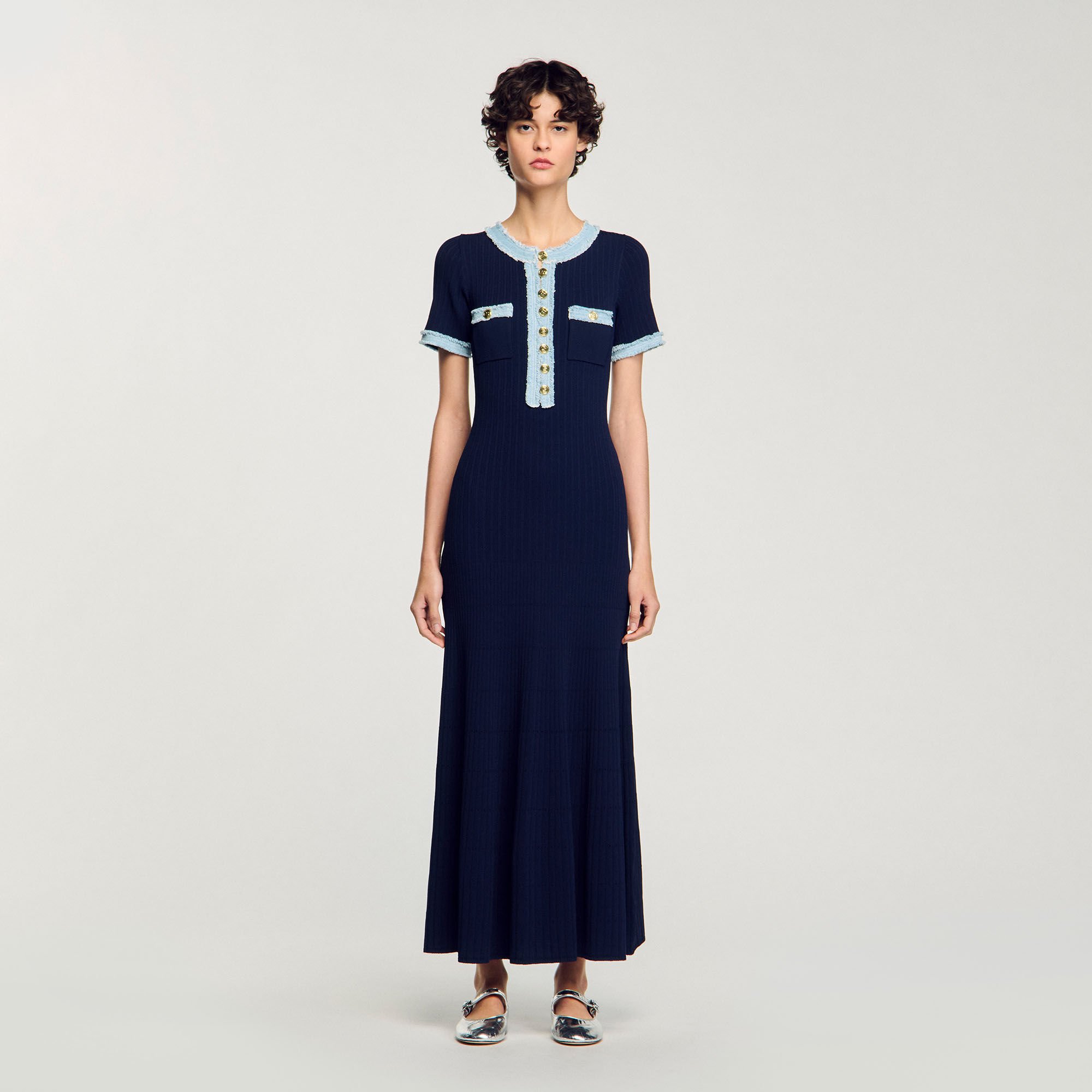 Knit and denim midi dress