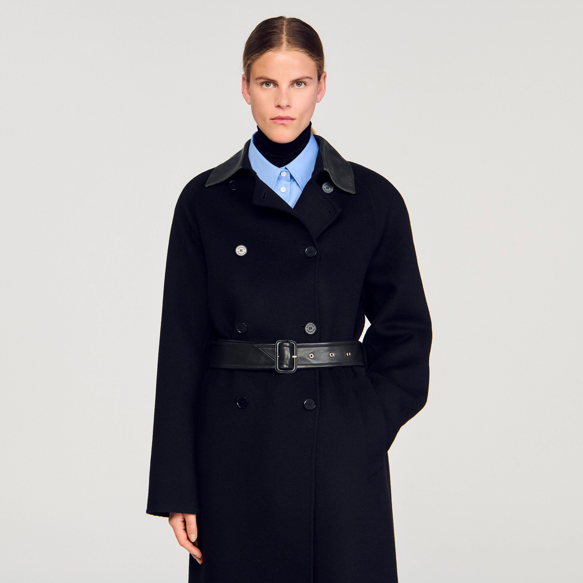 Long wool and leather coat