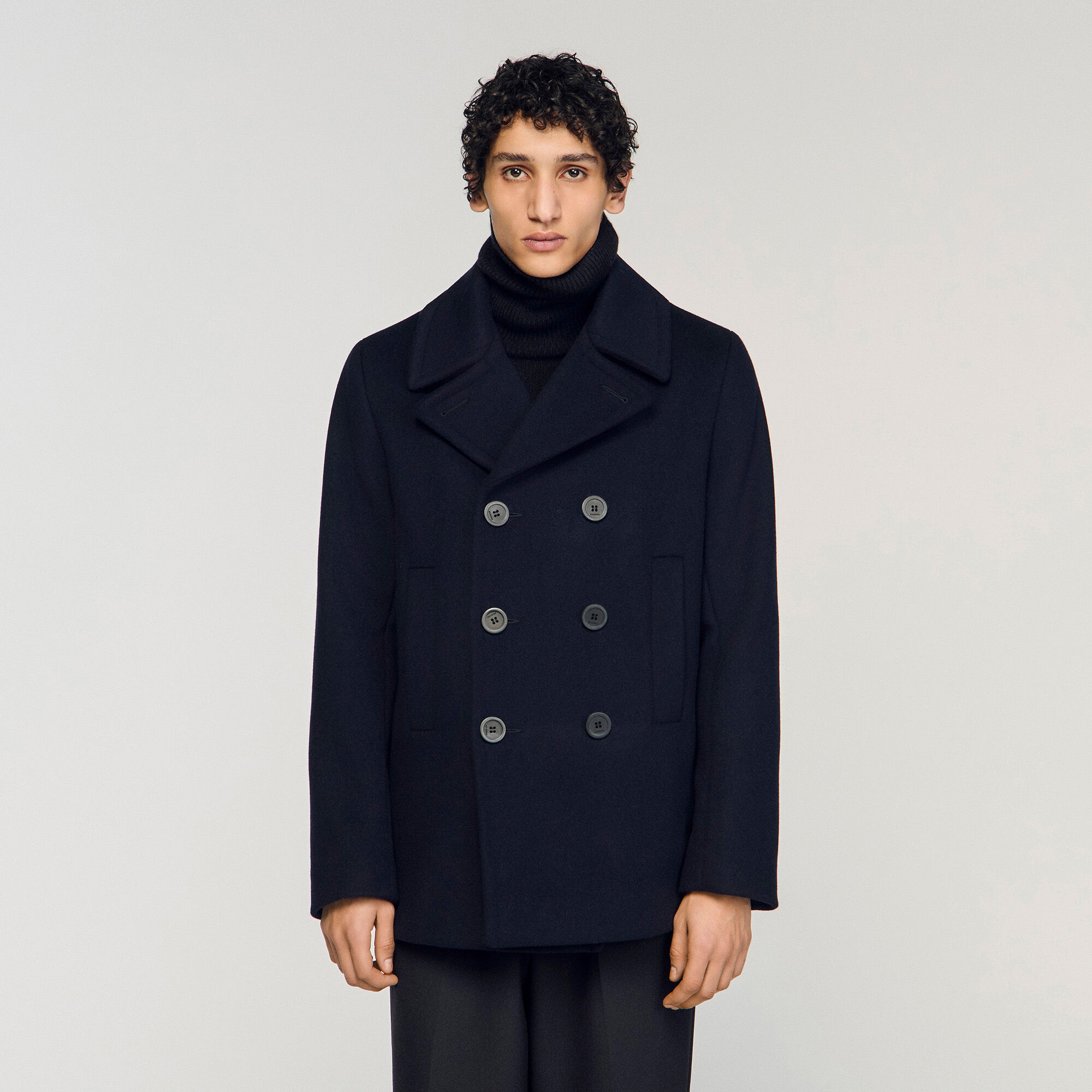 Straight-fit wool-blend coat in Navy Blue for Men | Sandro Paris
