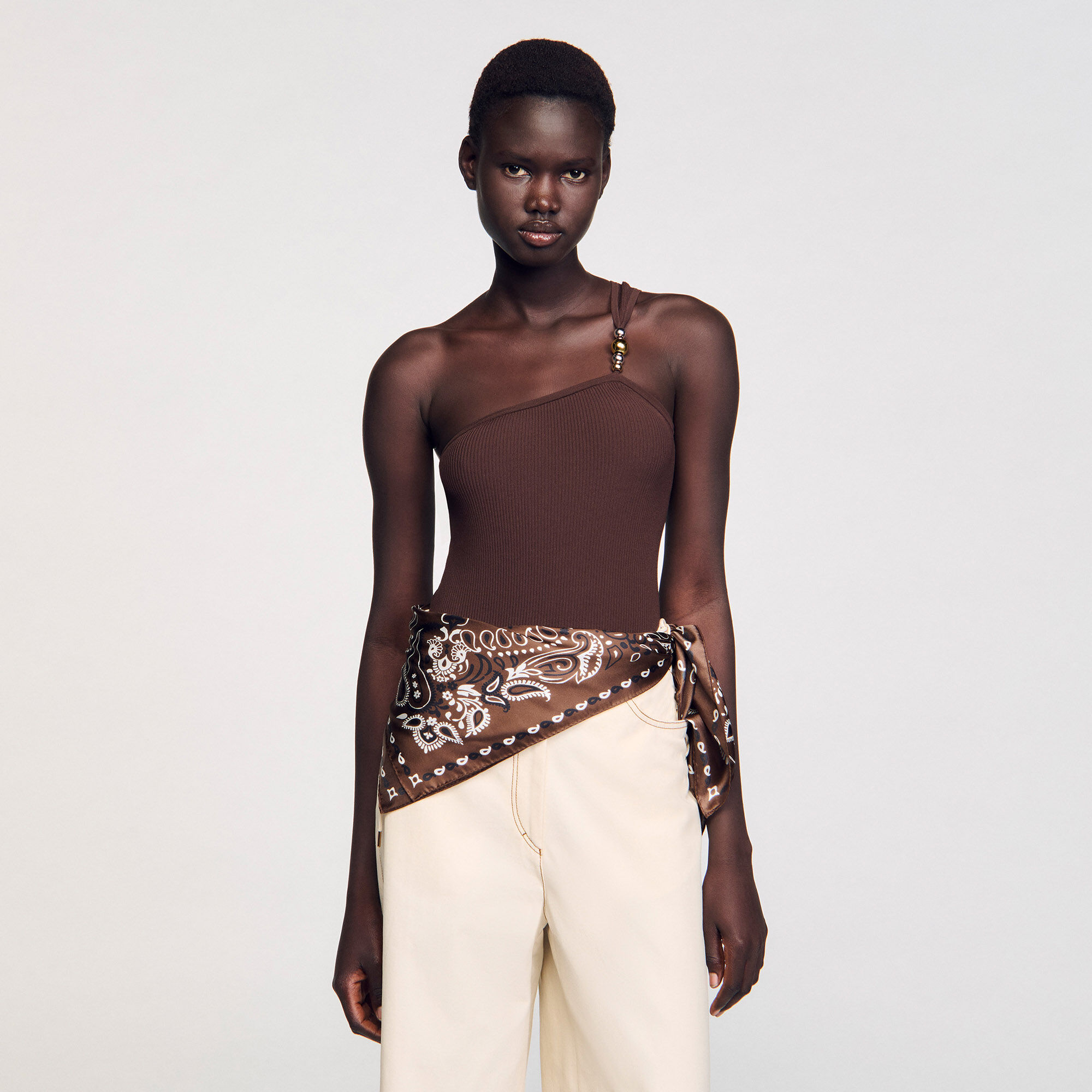 Asymmetric bodysuit with bead detail brown For Women