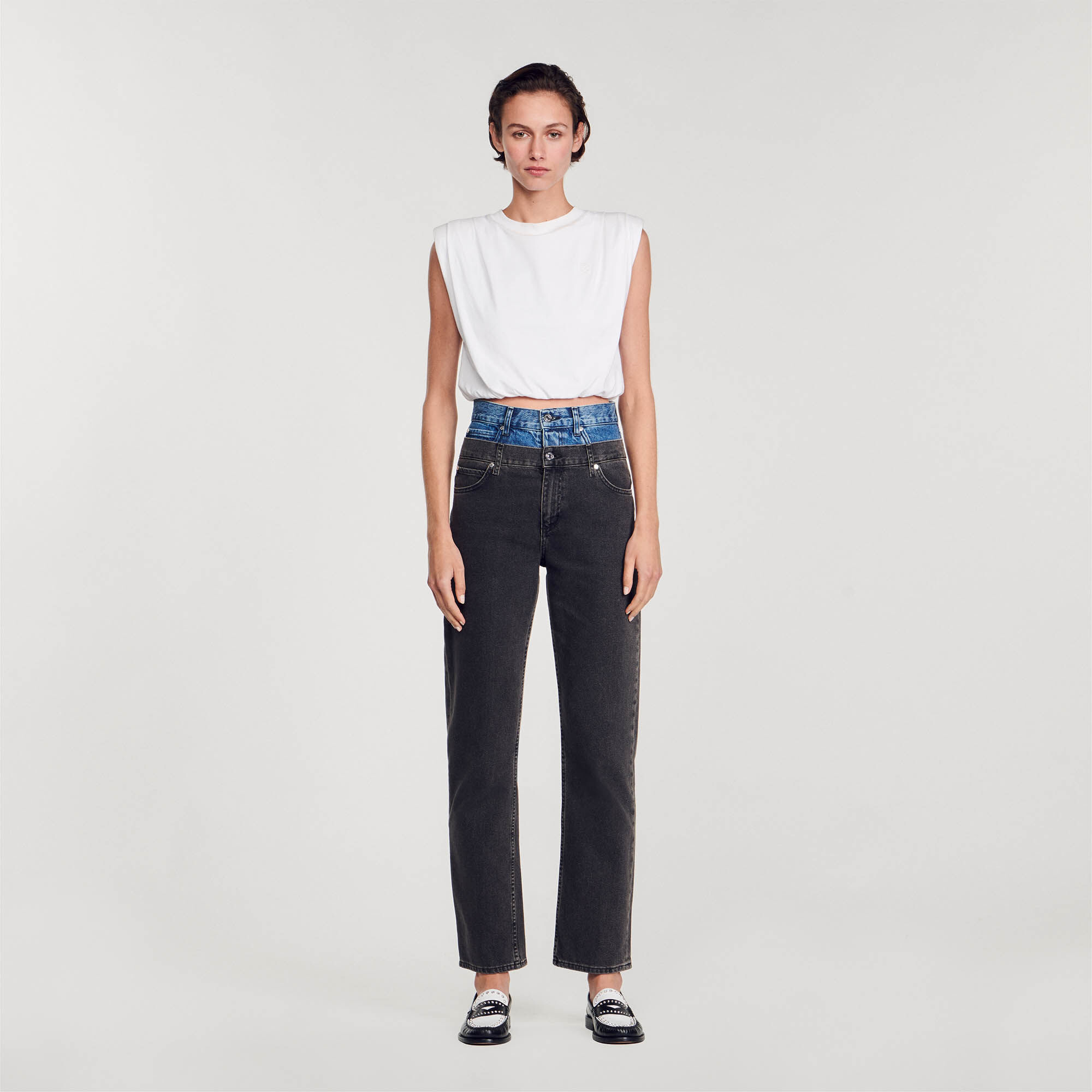 Two-tone double-waisted jeans