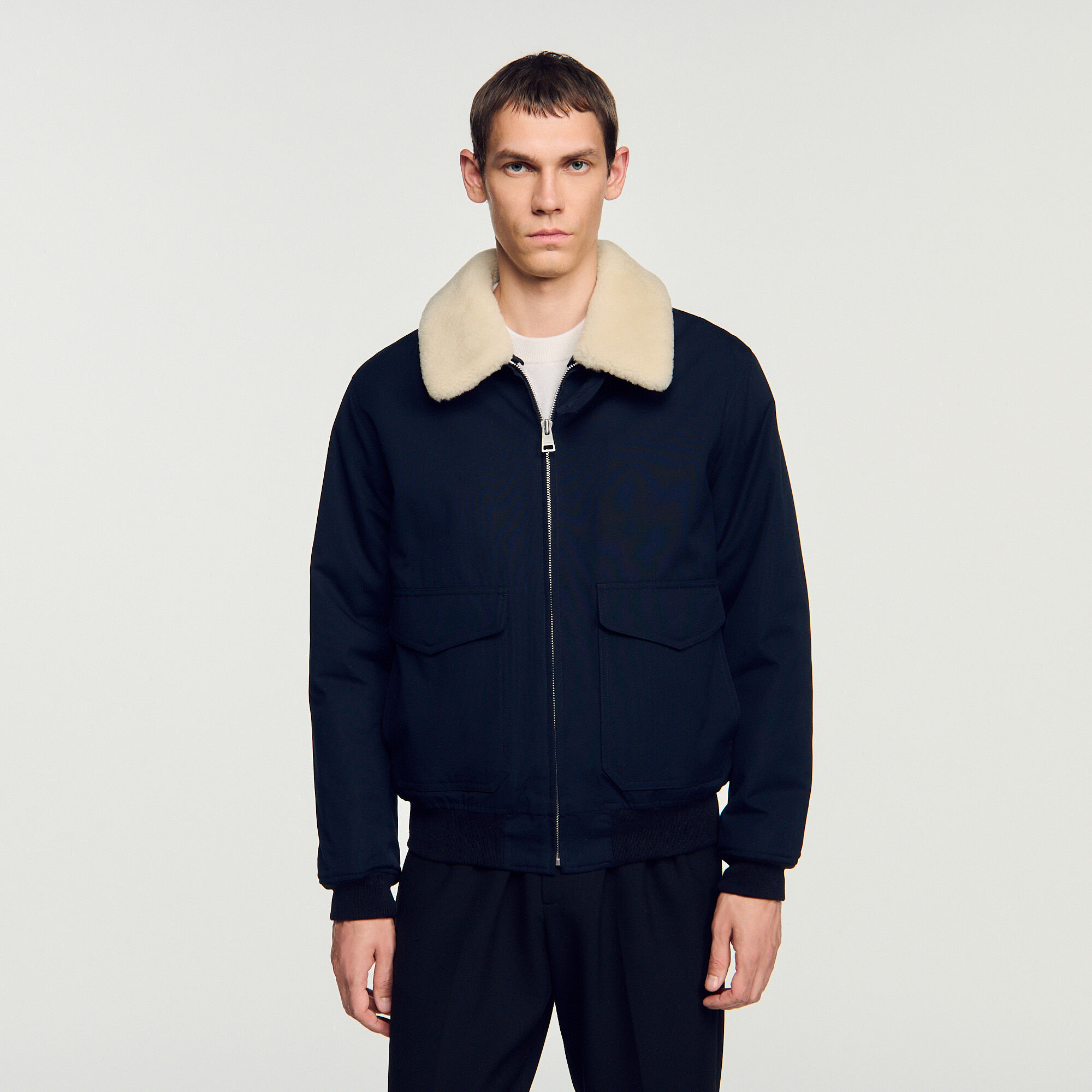 The FRANKLIN TAILORED スカジャン size:48 NAVY Removable collar aviator jacket in Navy Blue for Men | Sandro Paris