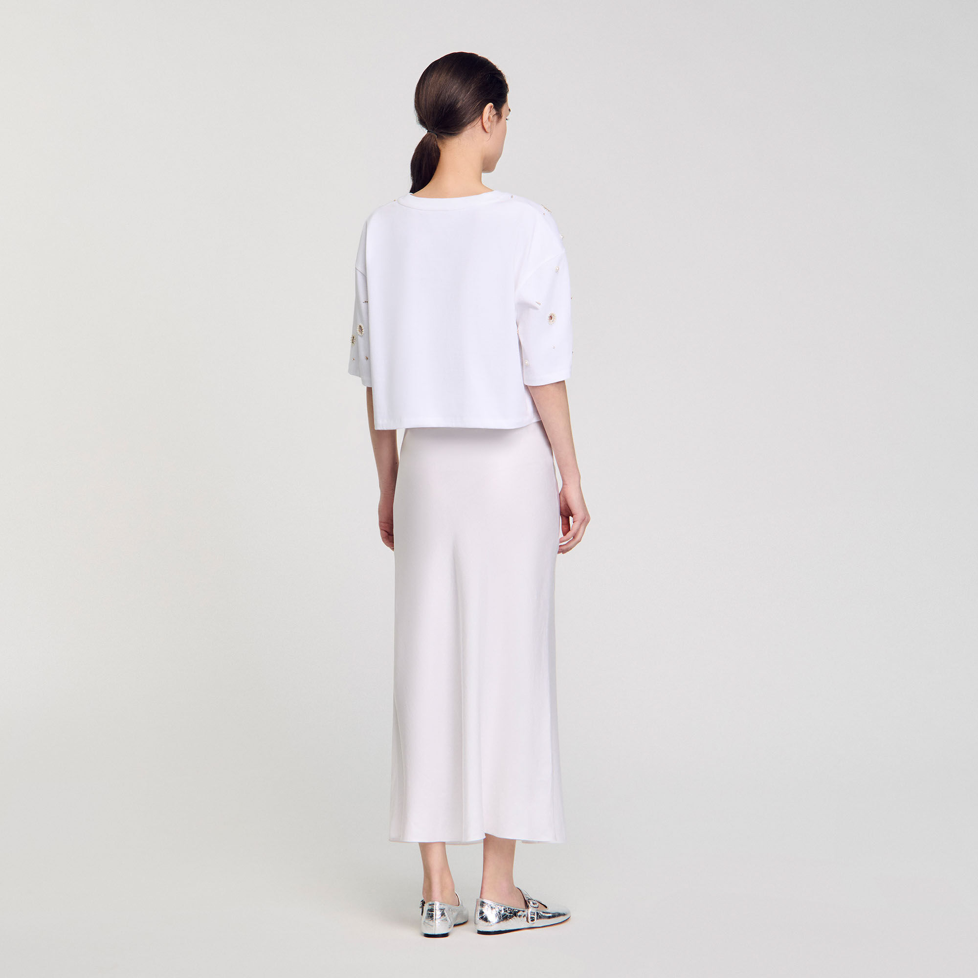 Cropped pearl bead T-shirt