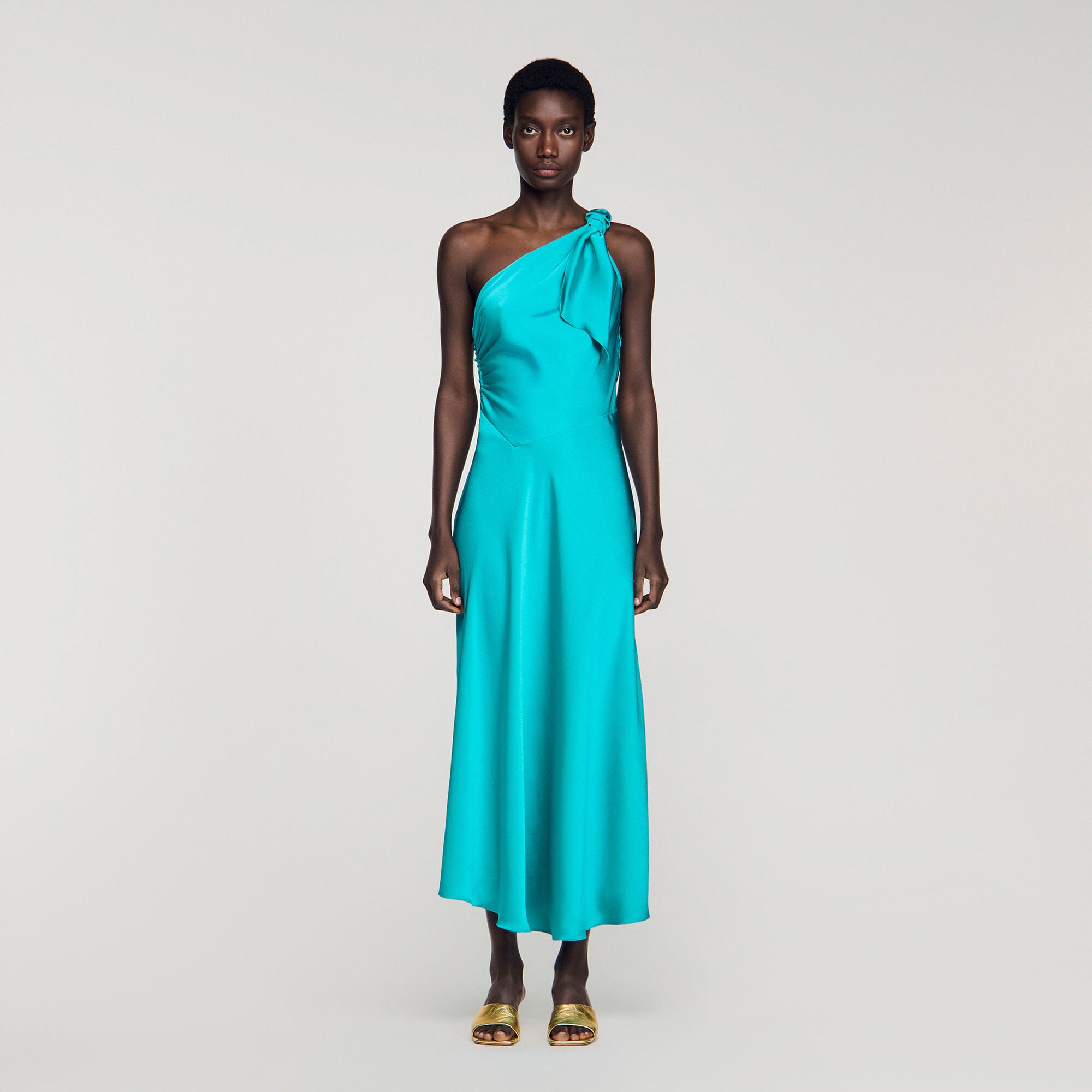 Satin-effect maxi dress with bow