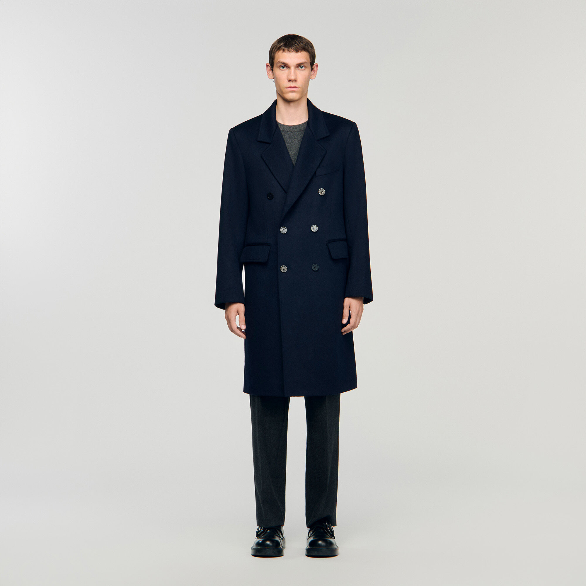 Double-breasted wool coat in Navy Blue for Men | Sandro Paris