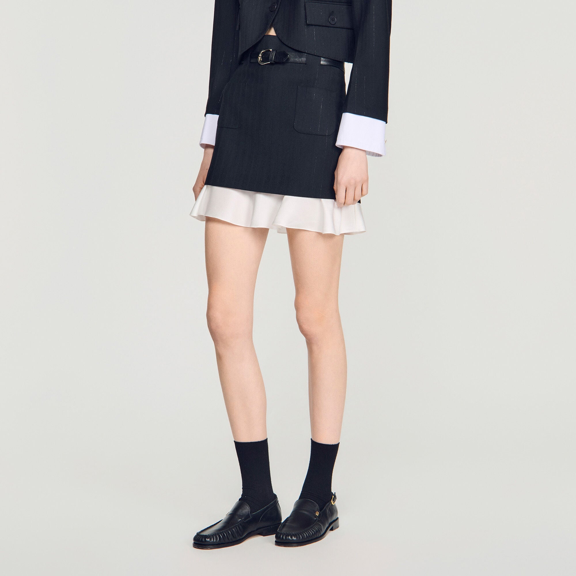 Mini striped ruffled skirt in Black for Women | Sandro Paris