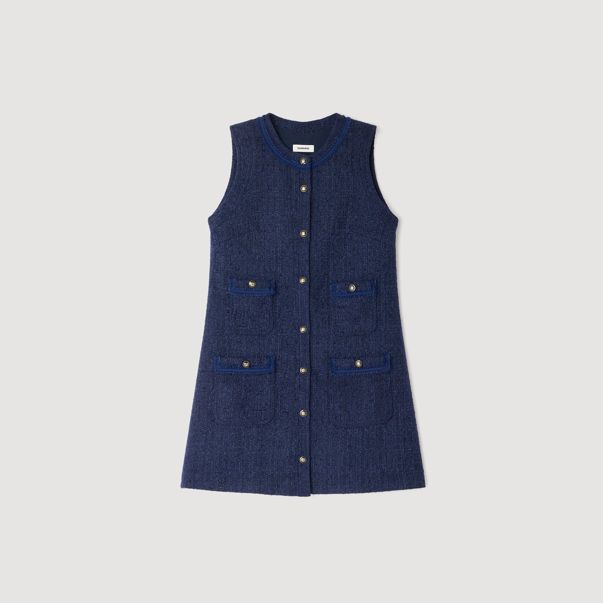 Gold button mini tweed dress