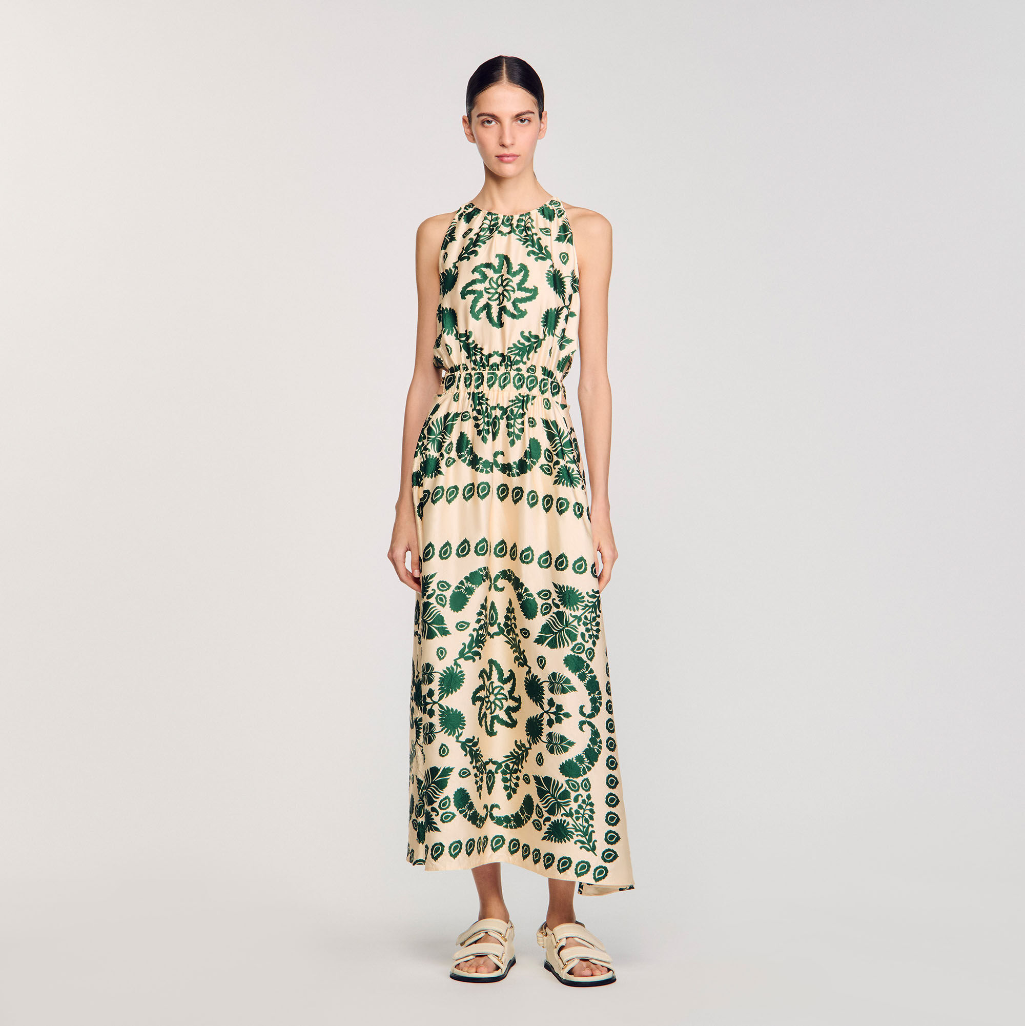 Leaf print maxi dress white / beige For Women | Sandro Paris