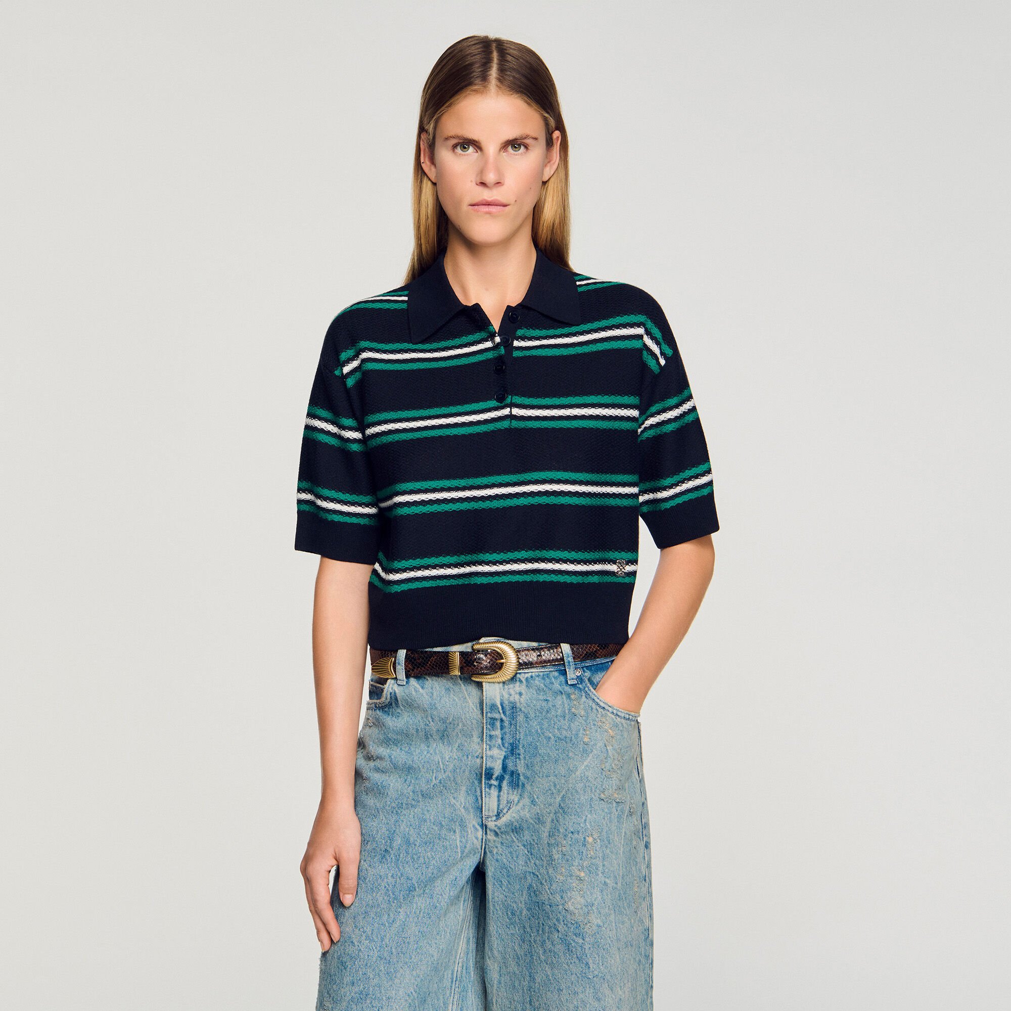 Polo-neck striped sweater