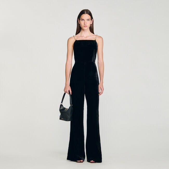 Velvet jumpsuit with removable straps