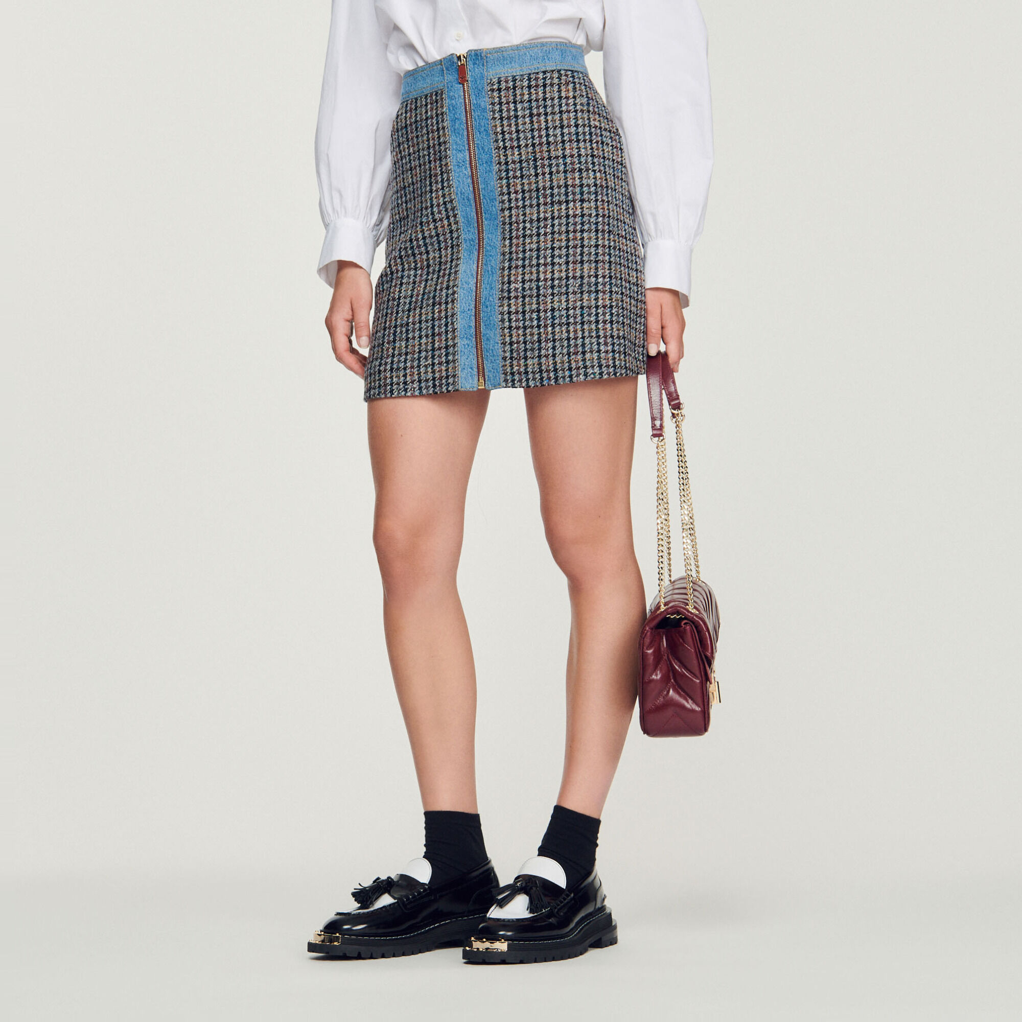 Mini tweed pleated skirt white / beige For Women | Sandro Paris