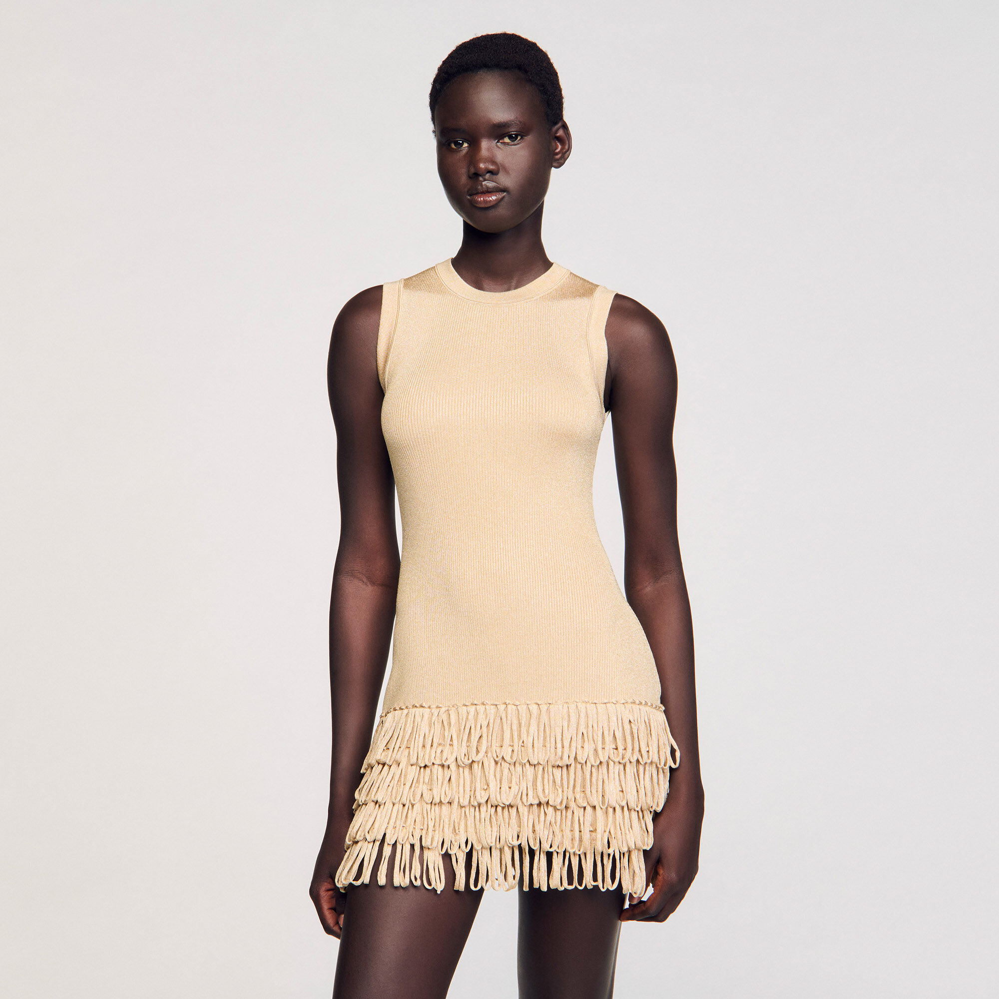 【sandro】関税込★ホワイト ミニワンピース ピンストライプ Mini knit dress white / beige For Women | Sandro Paris