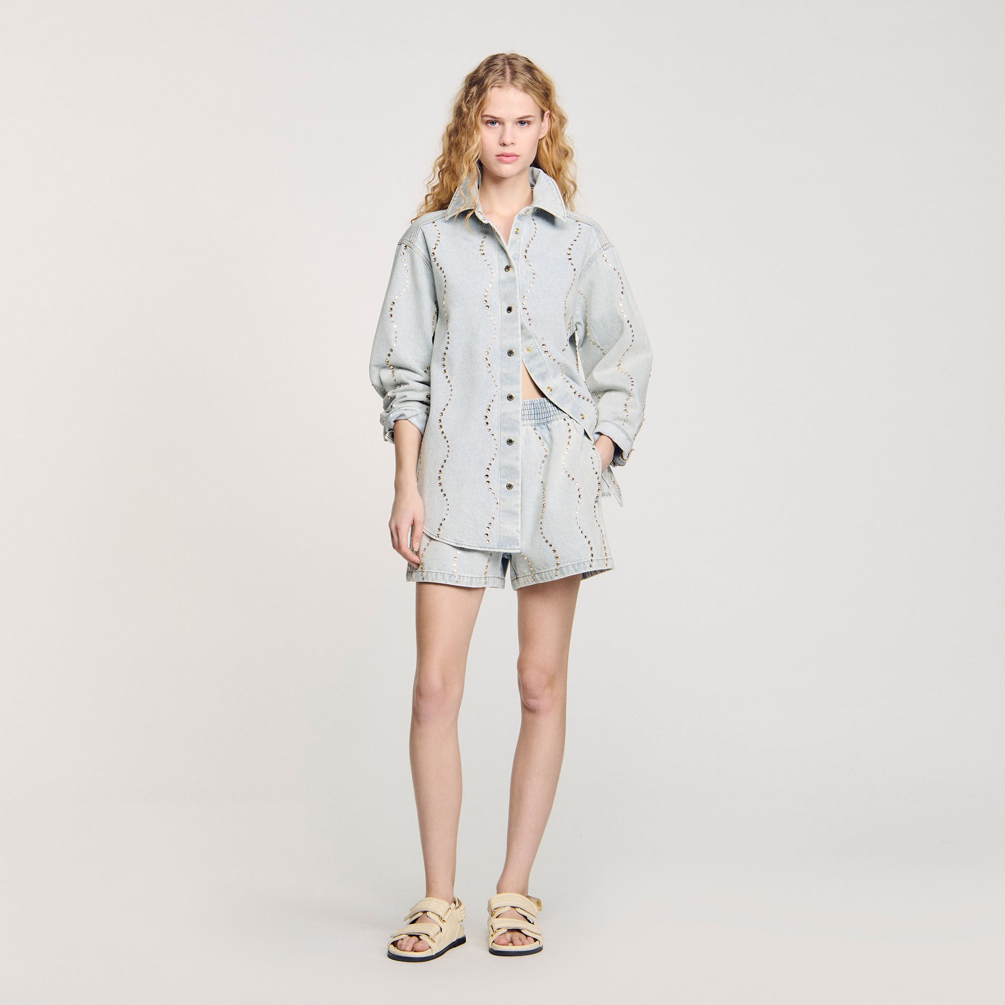 Denim shirt with rhinestones For Women | Sandro Paris