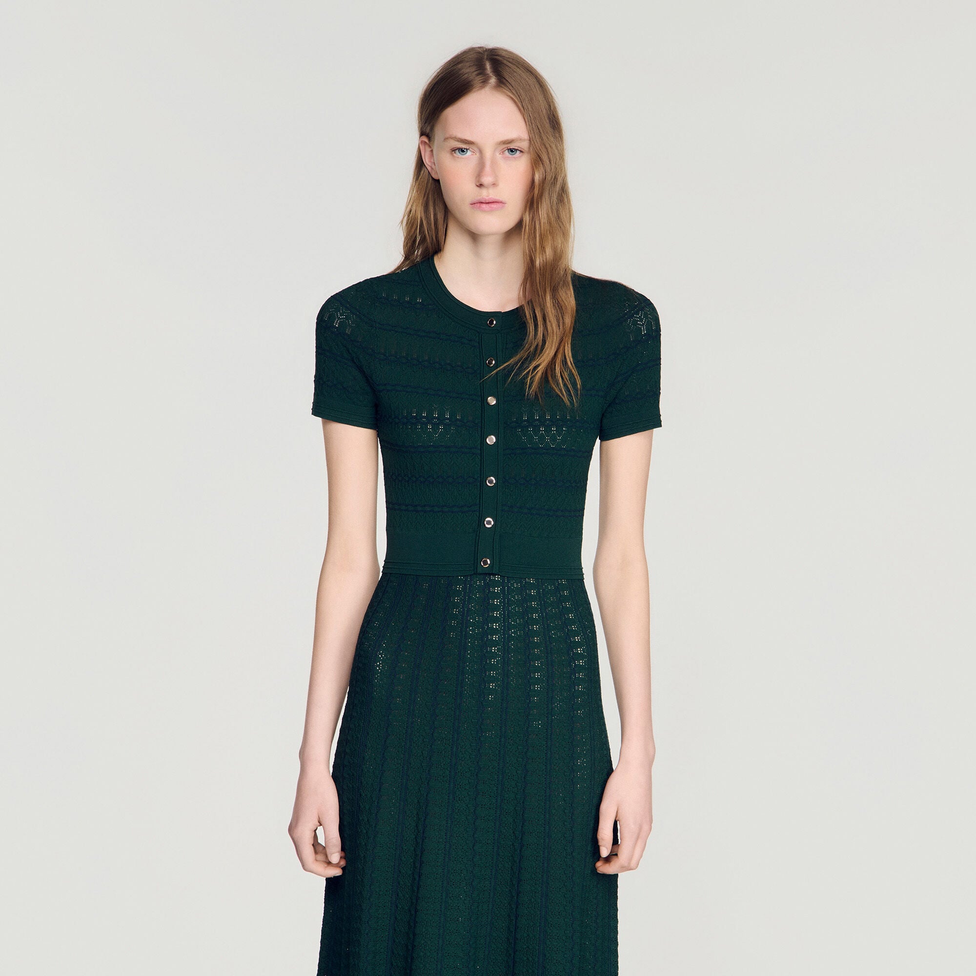 Pointelle knit midi dress in Green for Women | Sandro Paris