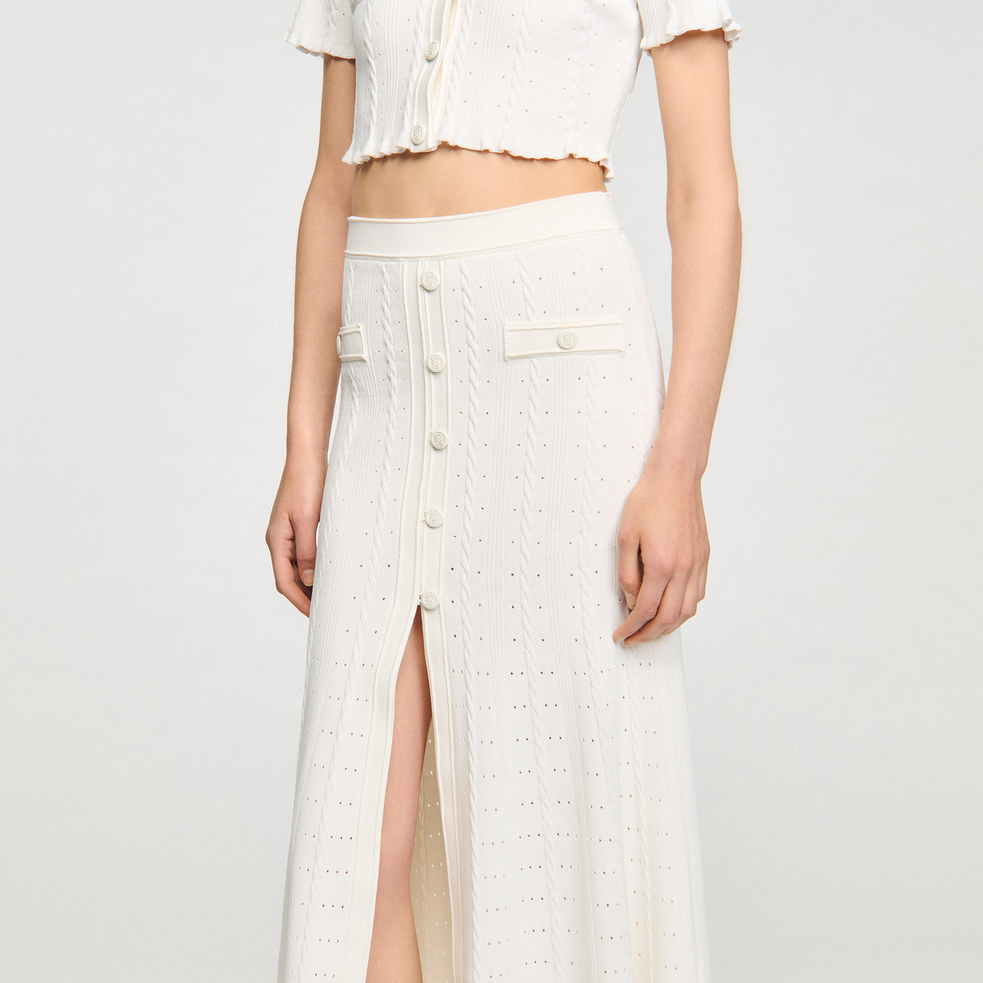 【海外限定】Sandroスカート☆High-Rise Pointelle-Texture Knit Pointelle knit skirt white / beige For Women | Sandro Paris