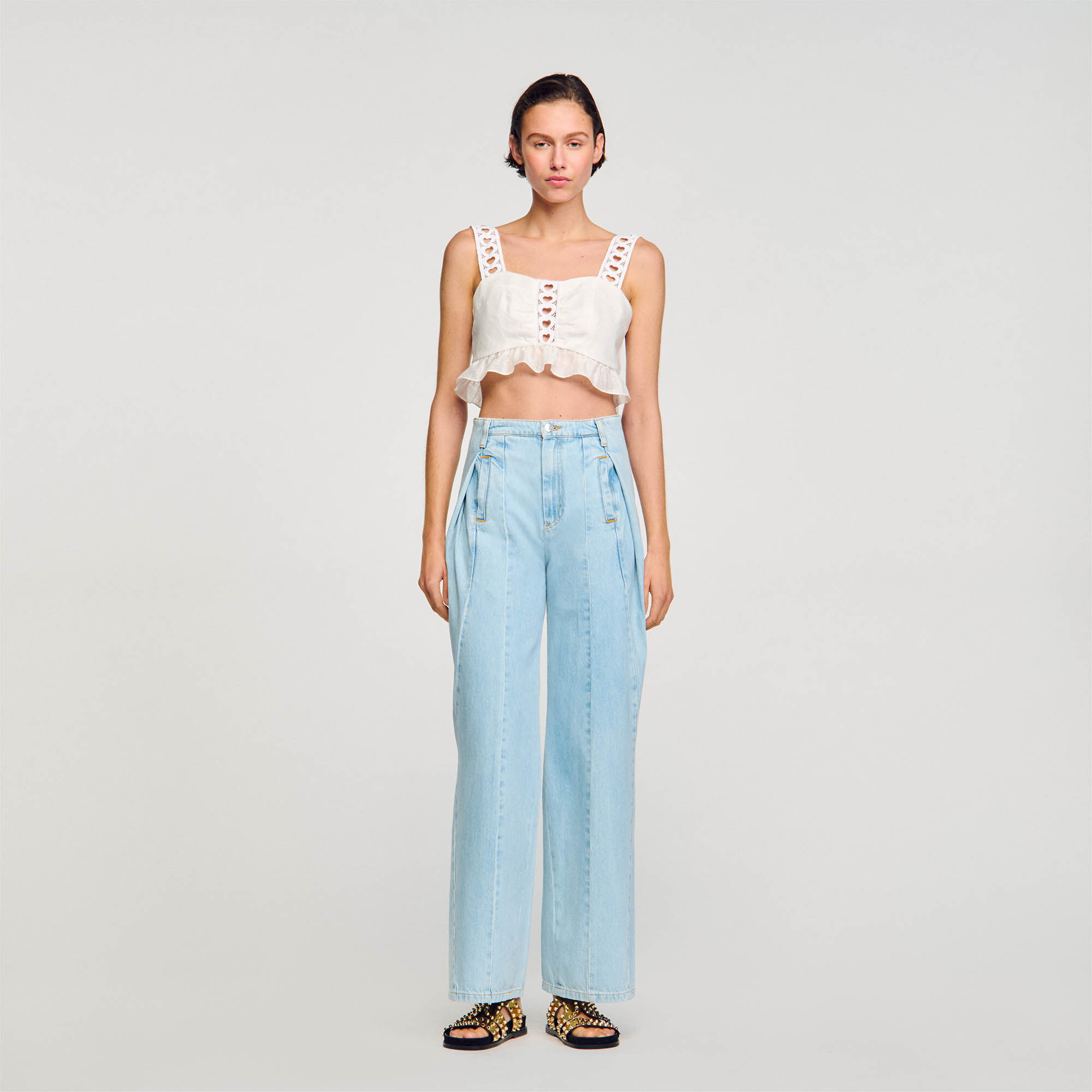 Wide-leg box pleat jeans