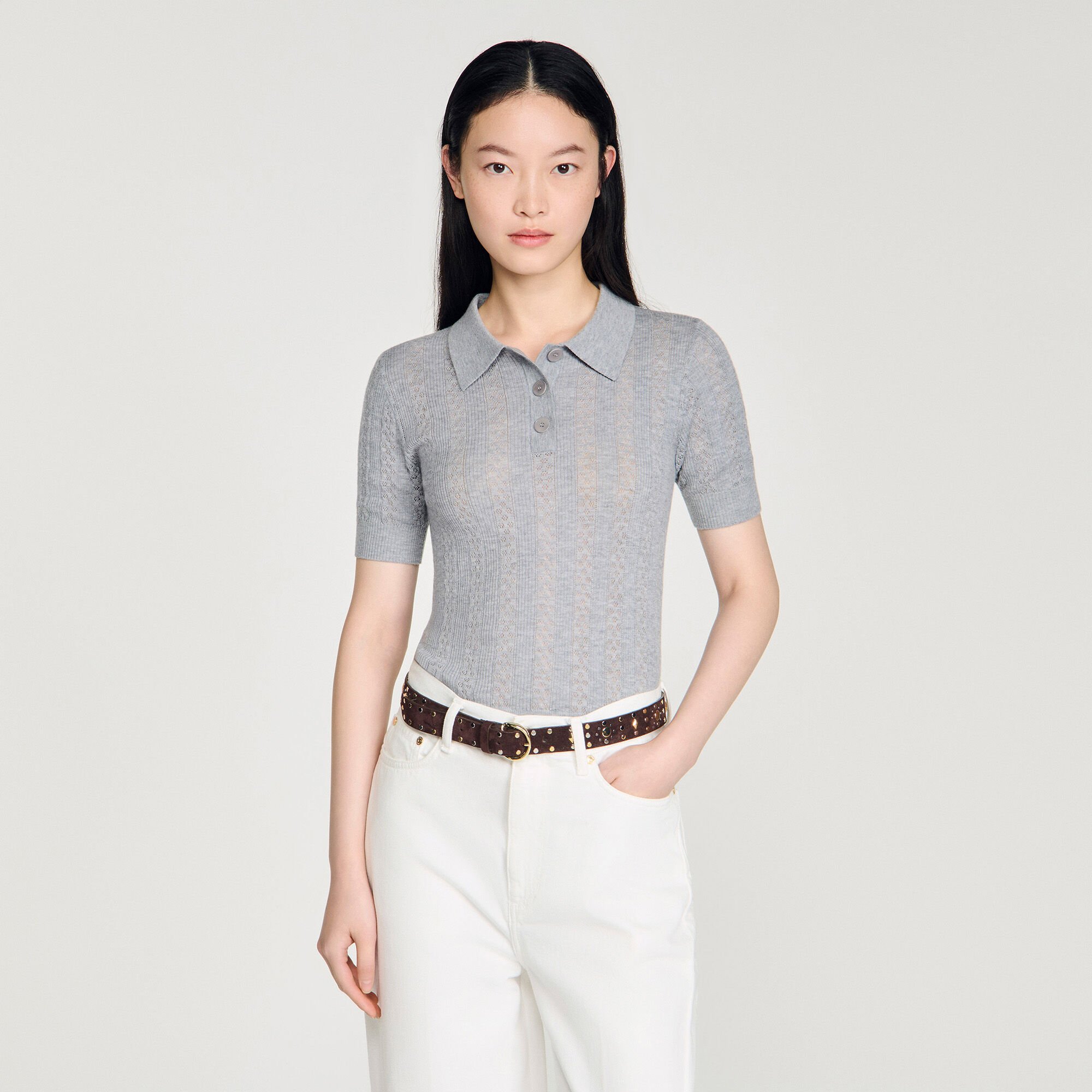 Pointelle polo-neck wool sweater