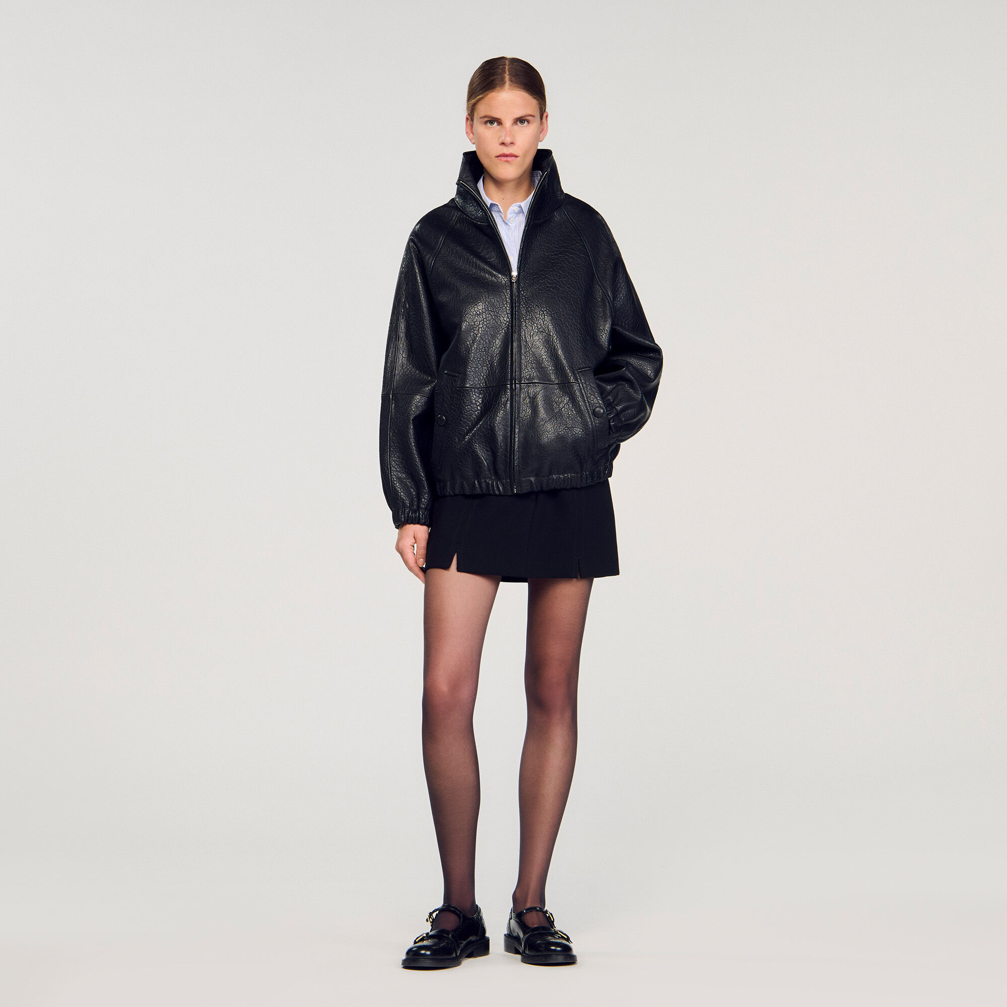 Oversized leather jacket black / gray For Women | Sandro Paris
