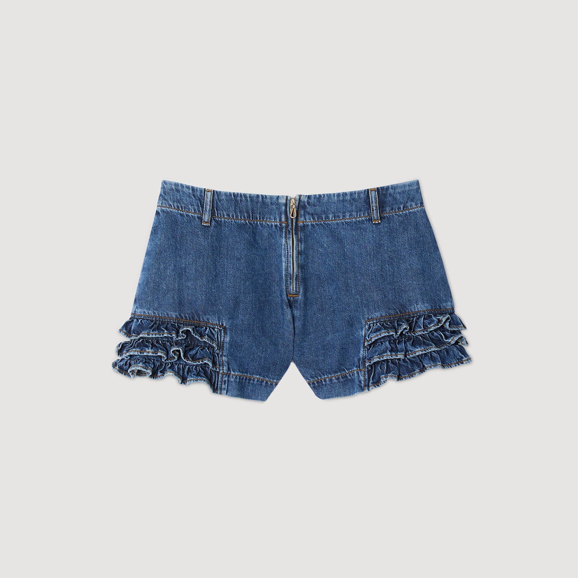 Ruffled denim shorts blue For Women | Sandro Paris