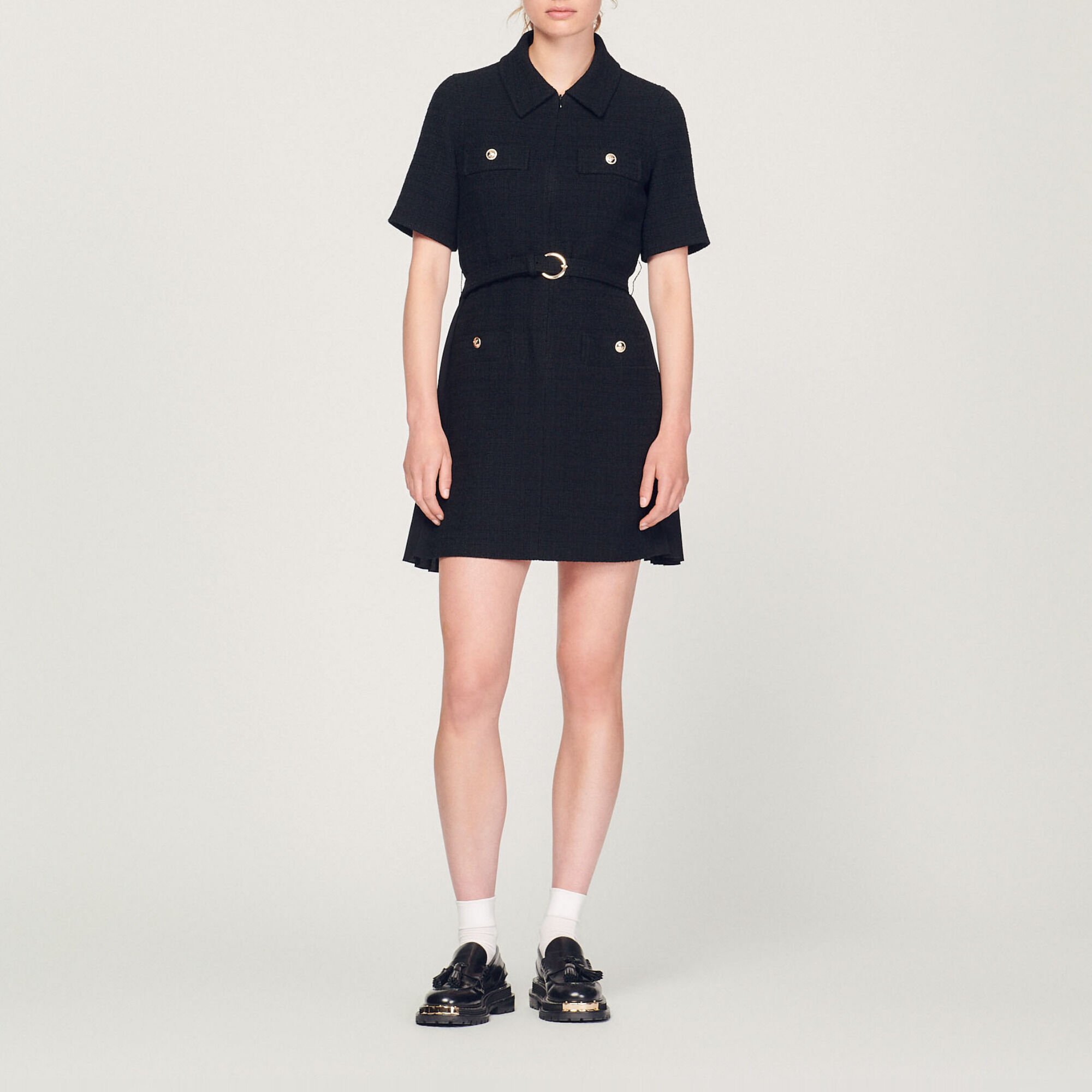 Short-sleeved dress in two materials