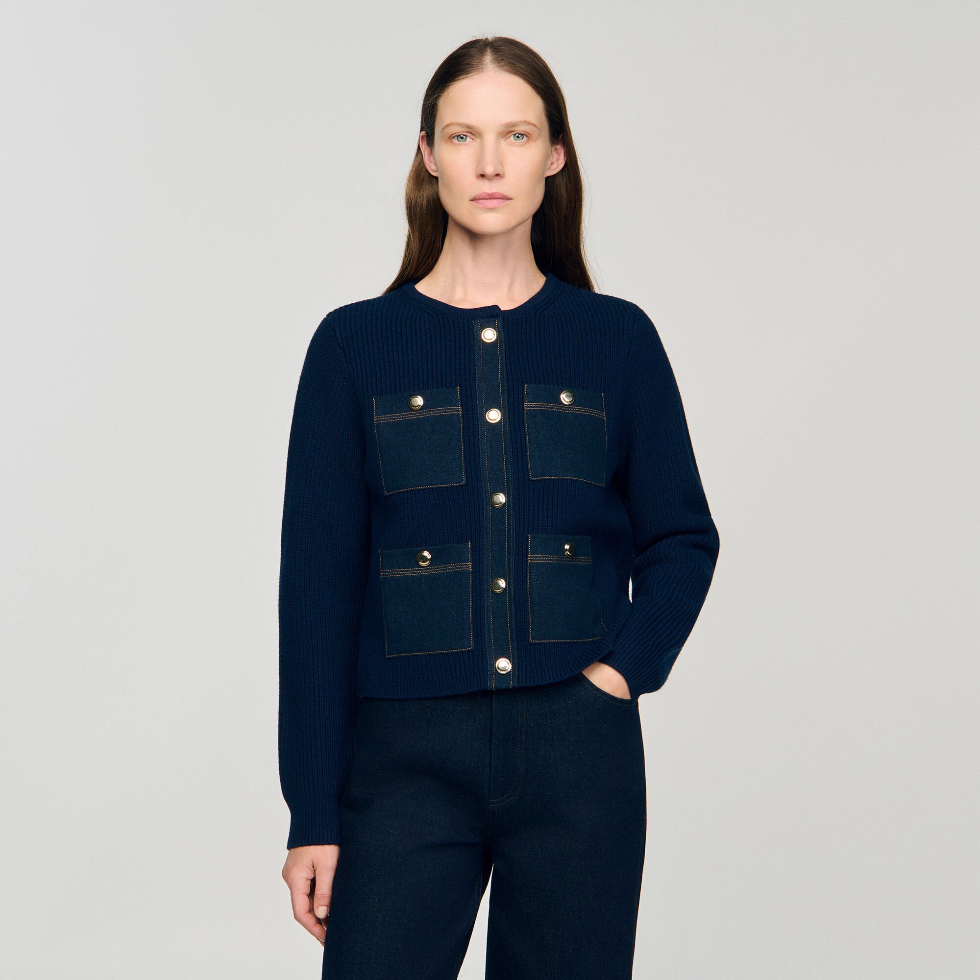 Denim detail rib knit cardigan