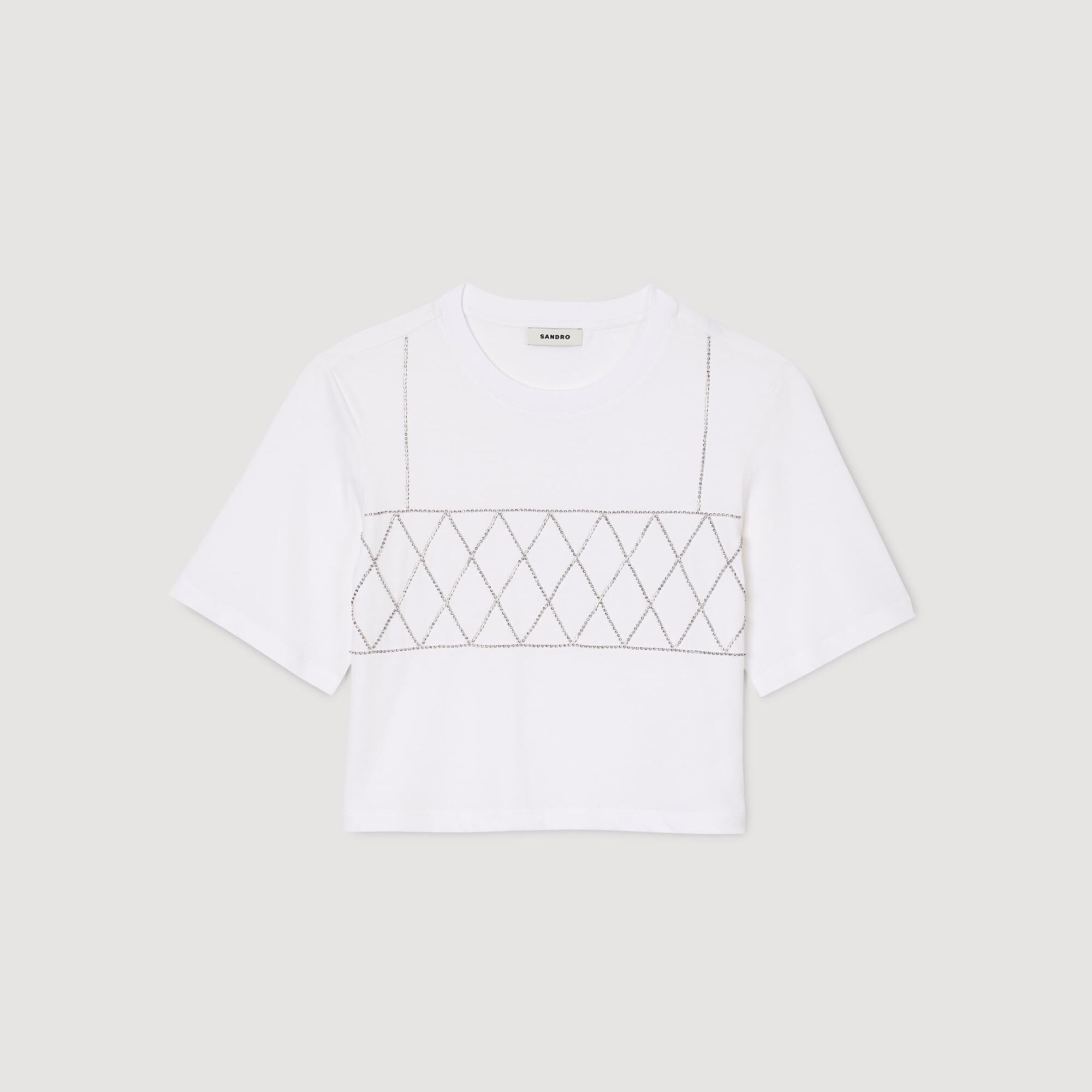 関税・送料込み!【国内発送】SANDRO Rhinestone crop Tシャツ Rhinestone Cropped T-Shirt white / beige For Women | Sandro
