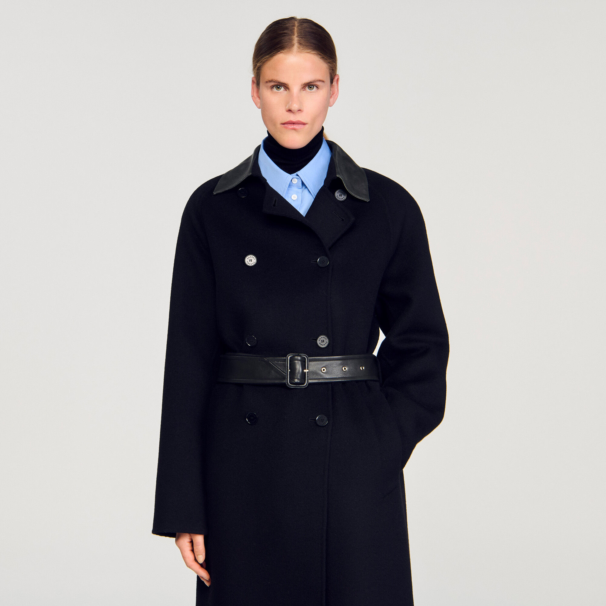 Long wool and leather coat black / gray For Women | Sandro Paris
