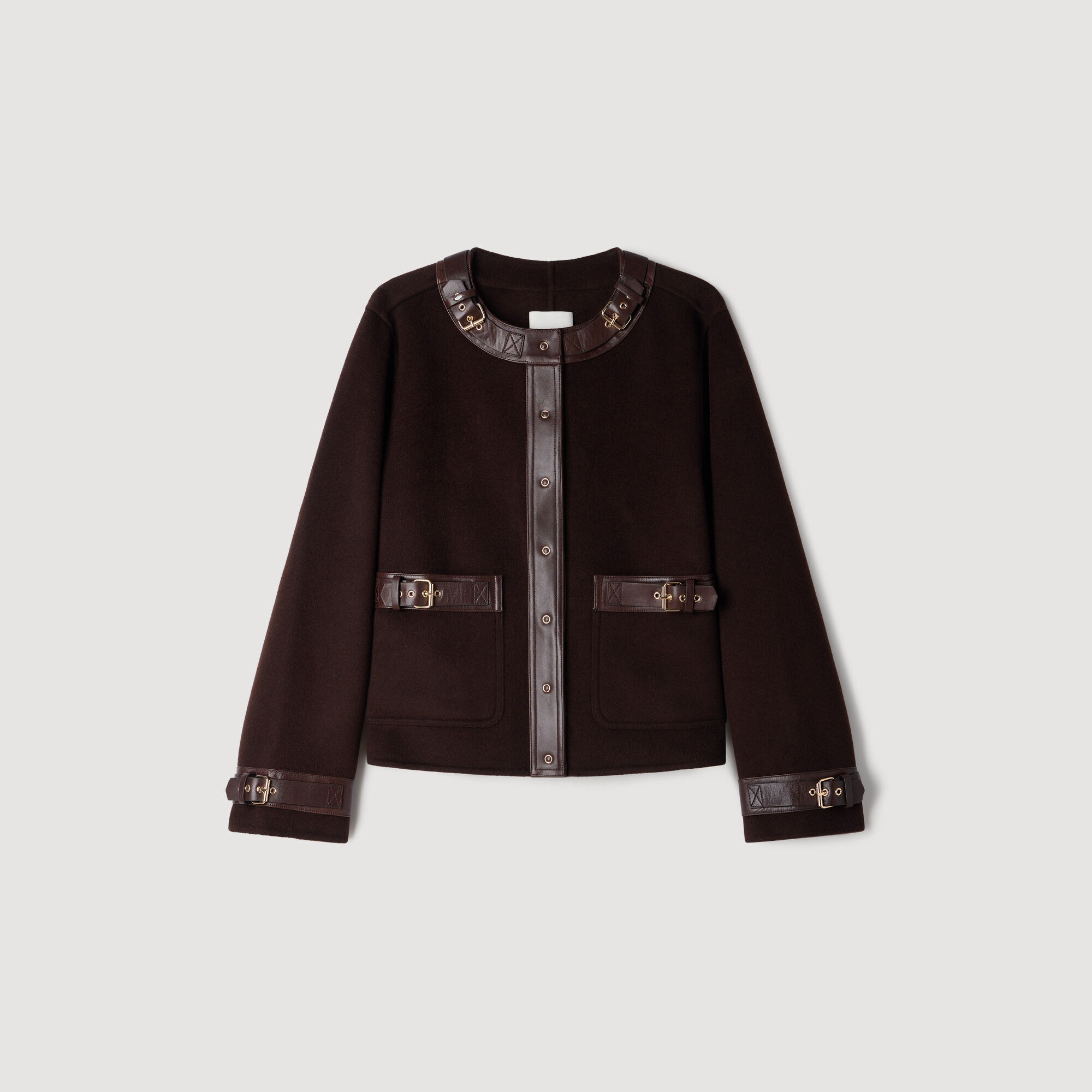 Short coat with leather details in Brown for Women | Sandro Paris