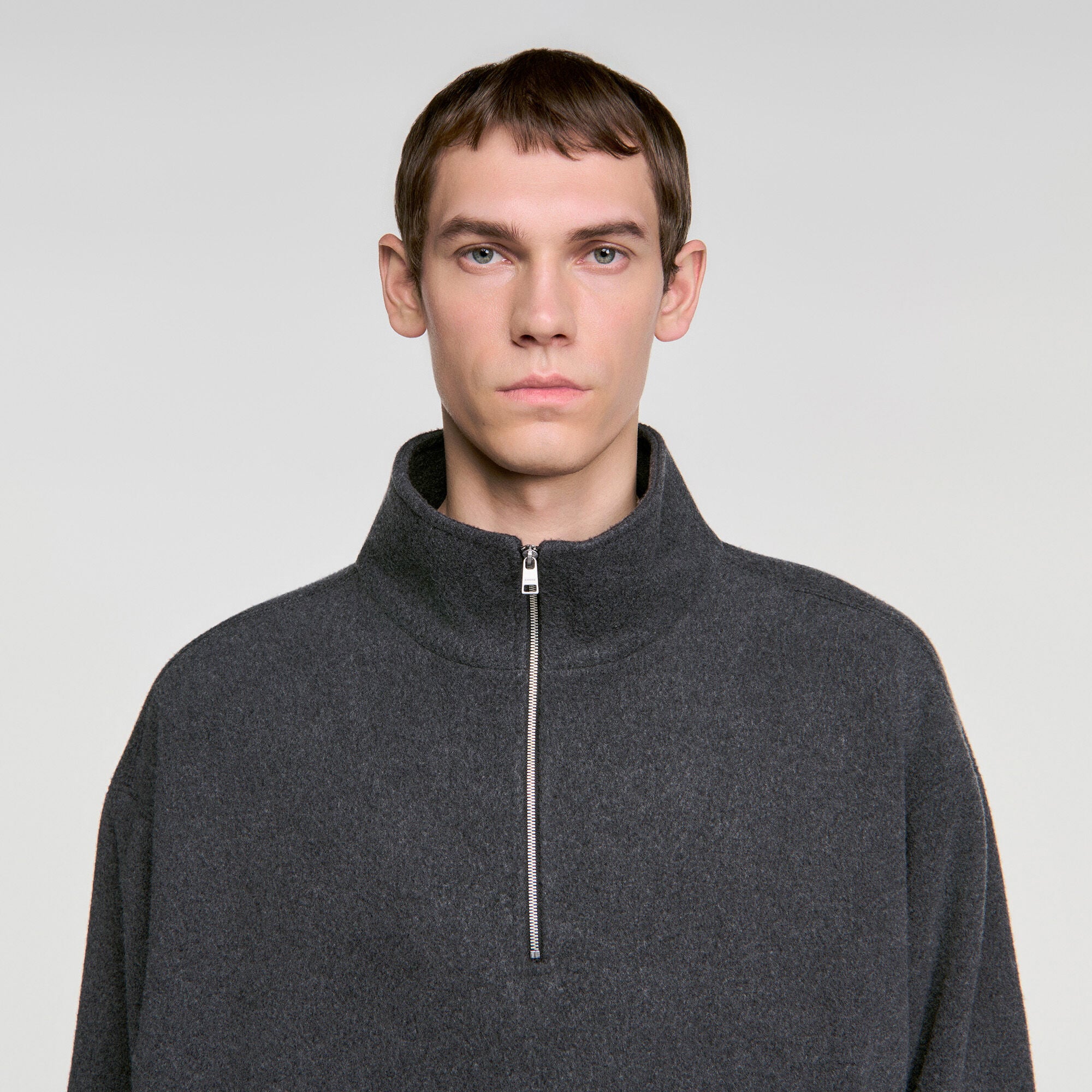 Zipped standing collar sweatshirt in Dark grey for Men | Sandro Paris