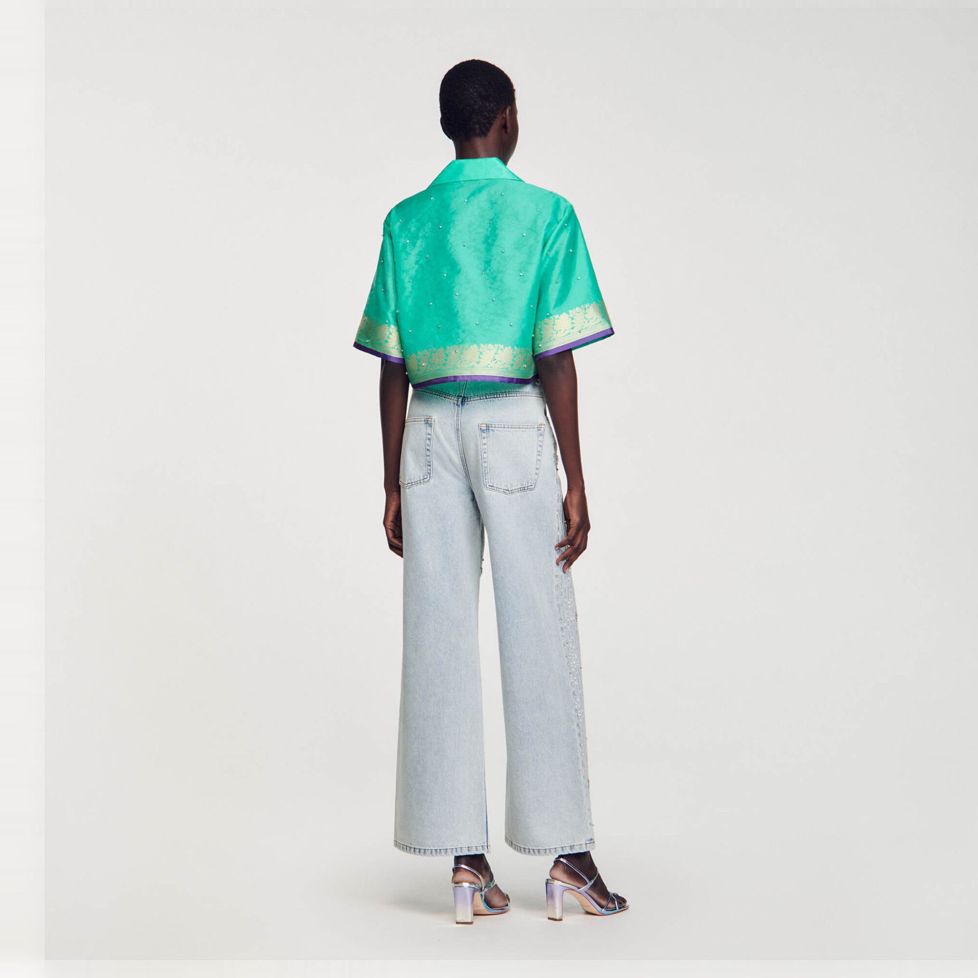 Rhinestone jacquard cropped shirt