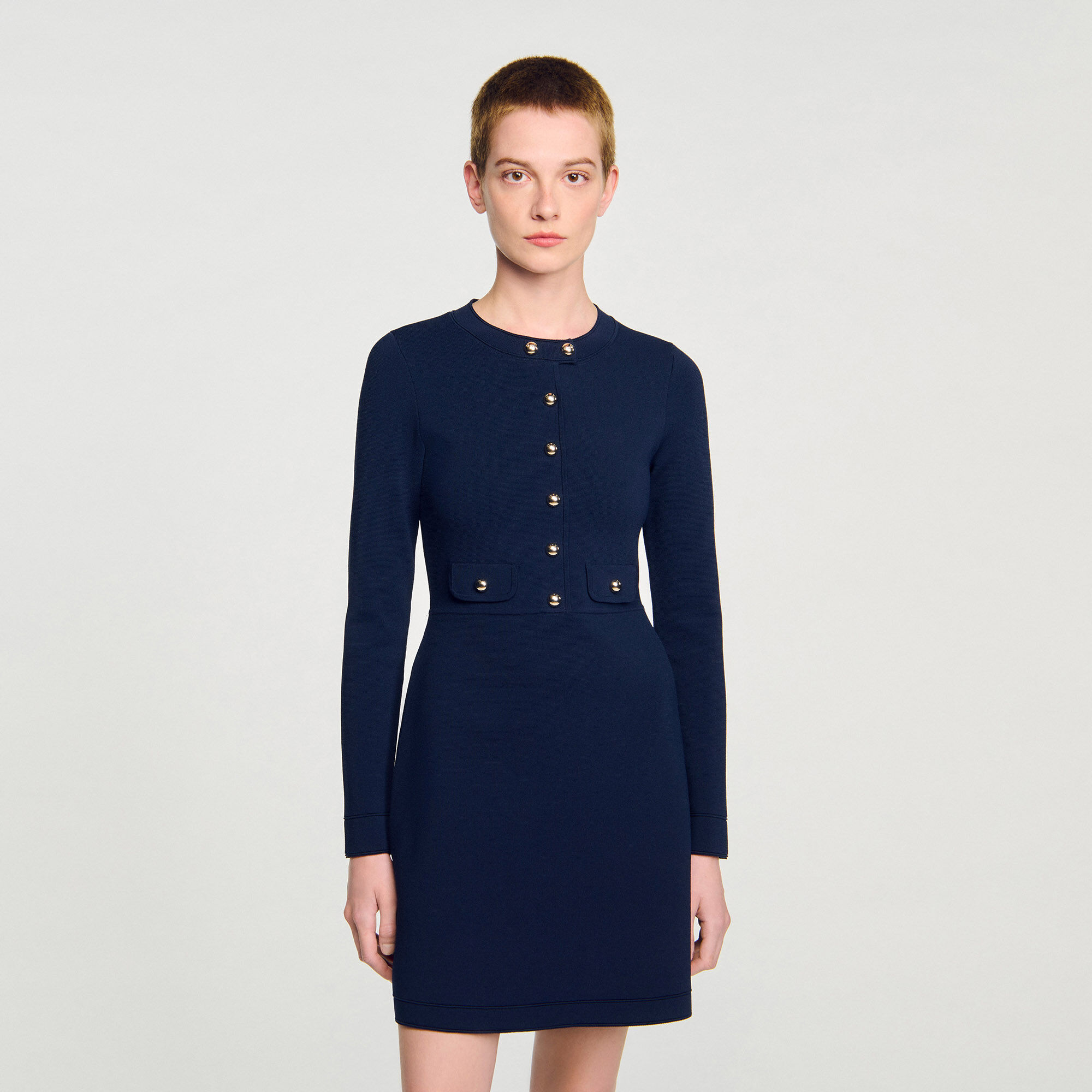 Mini button-up knit dress blue For Women | Sandro Paris