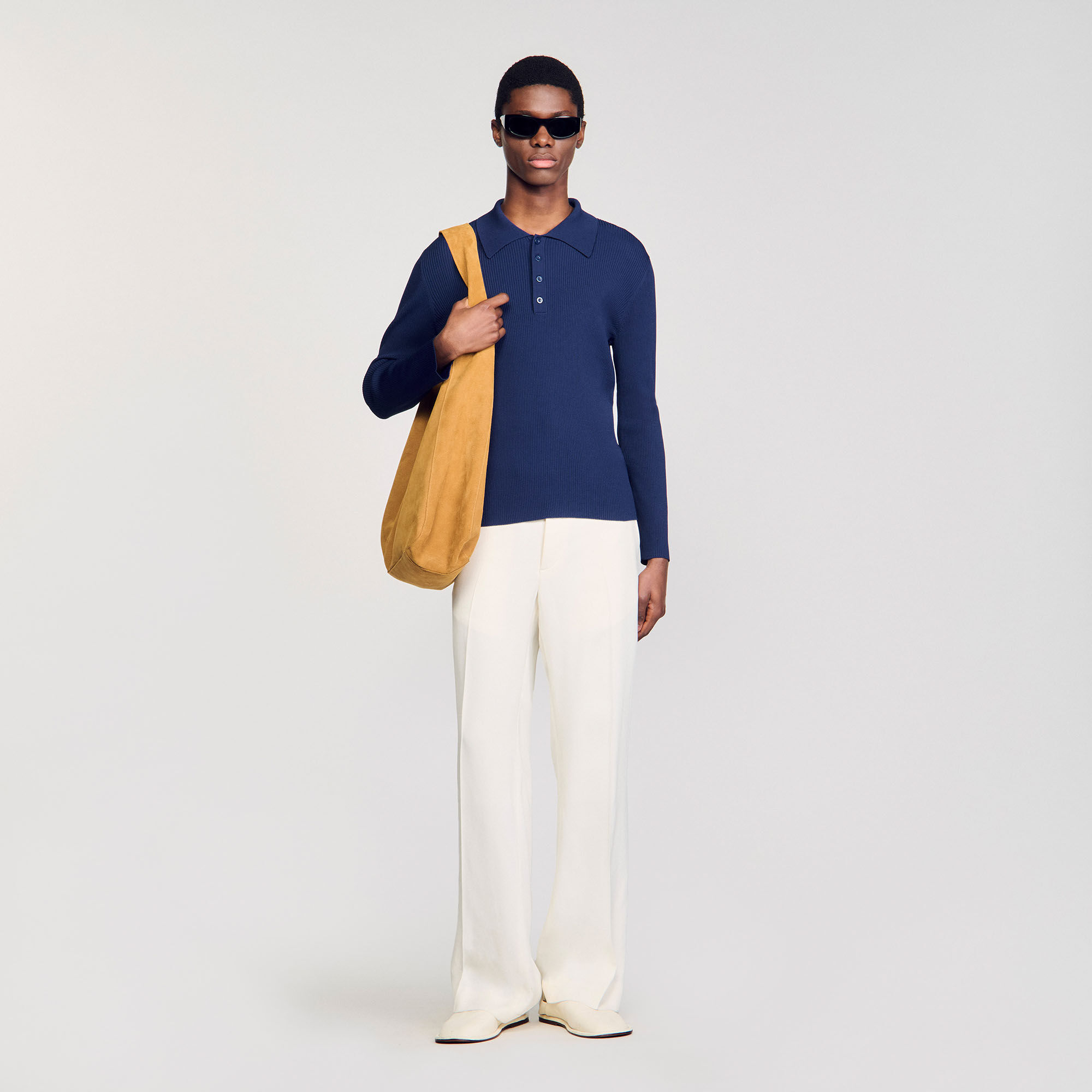 Rib knit polo shirt blue for Men | Sandro Paris