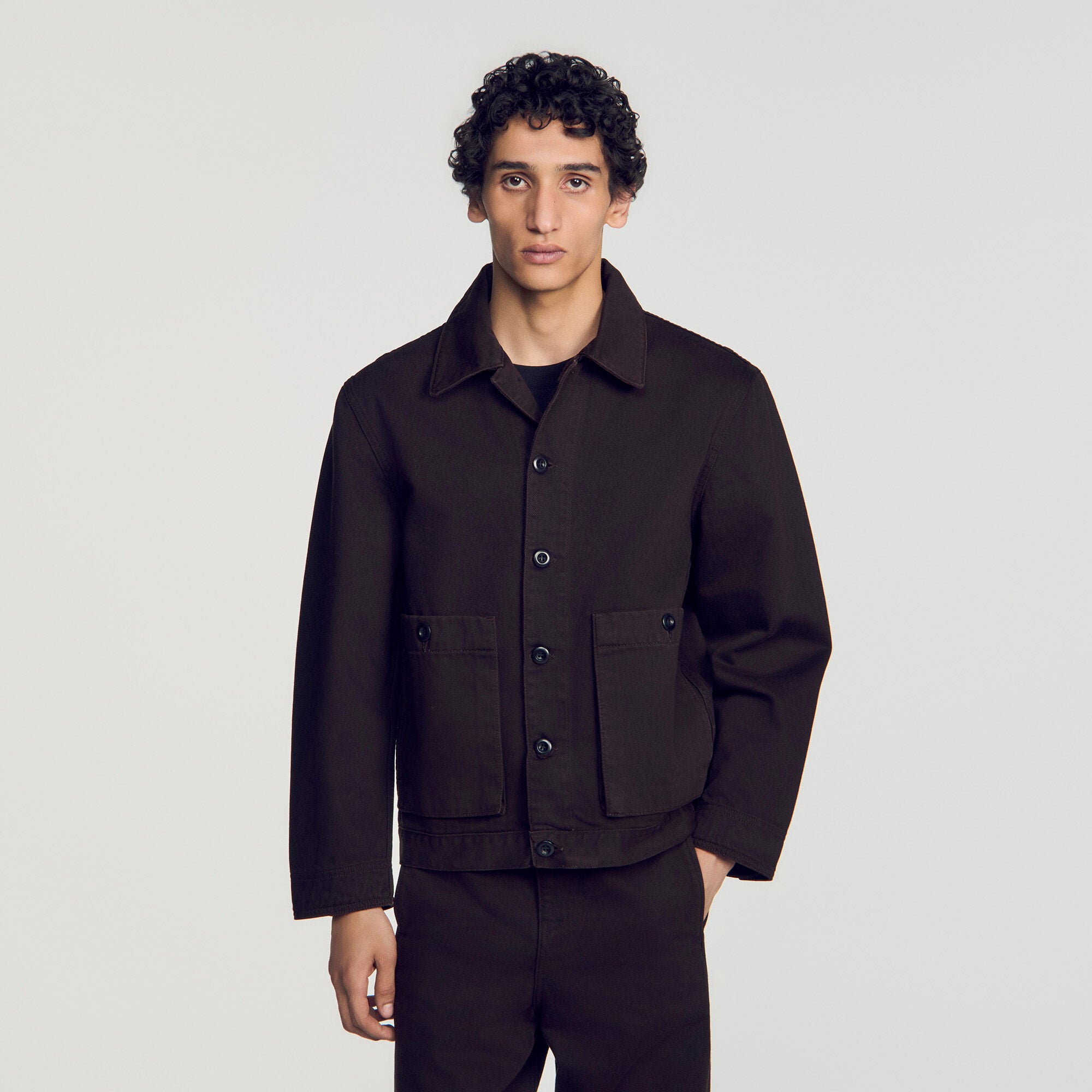 Denim worker jacket in Chocolate for Men | Sandro Paris
