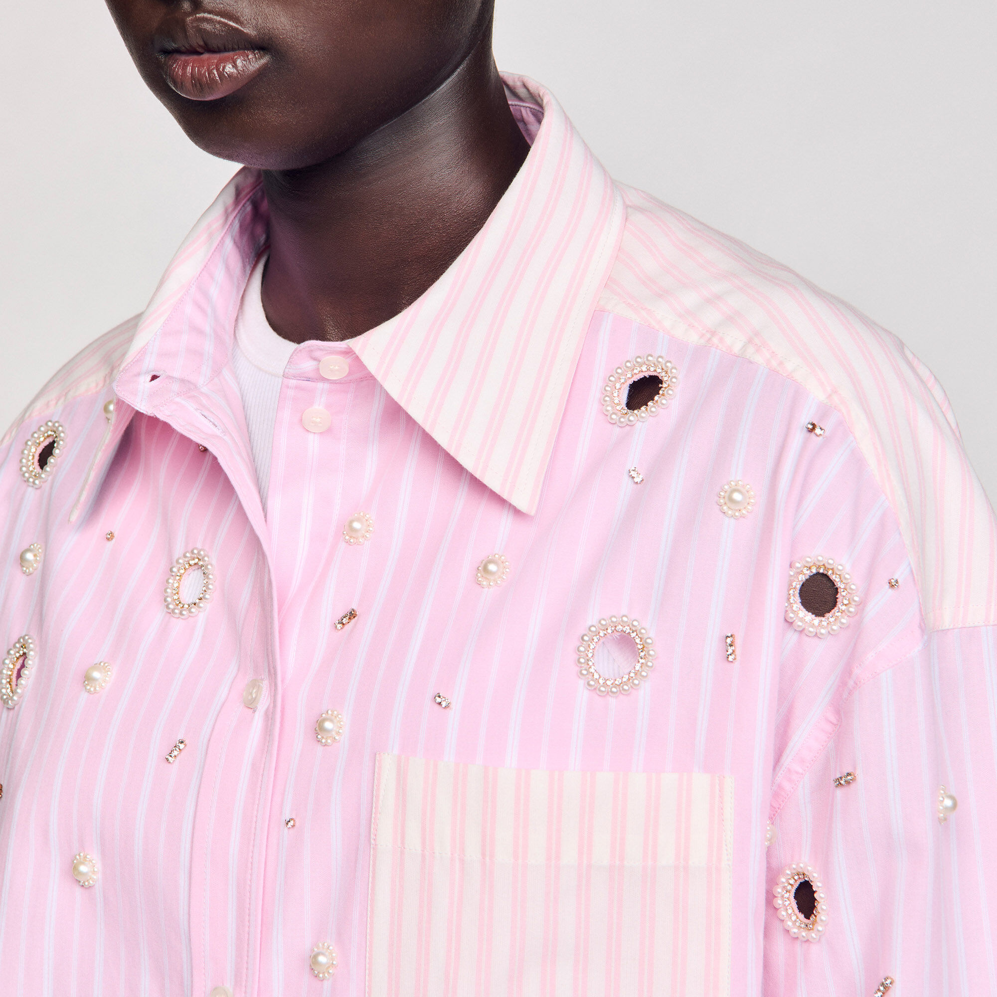 Striped rhinestone shirt pink For Women | Sandro Paris